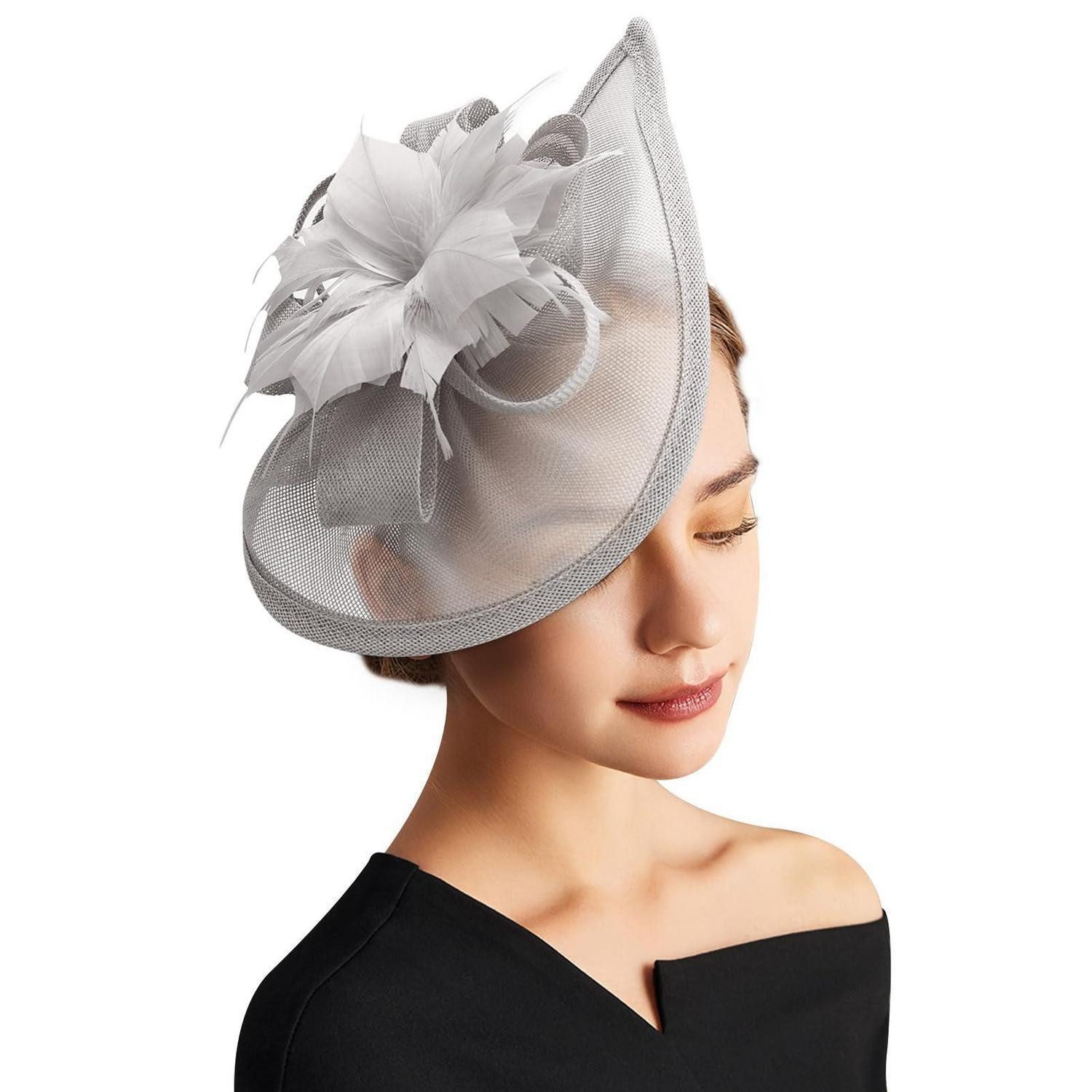 LuxusKollektion Trilby Fascinator Damen Pillbox Schleier Stirnband Clip Feather Flower gray