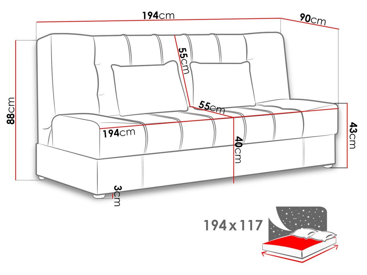 Sitzer Couch Sonia, Schlafsofa Velluto Sofa Schlaffunktion, mit MIRJAN24 mit 3 Bettkasten, 3