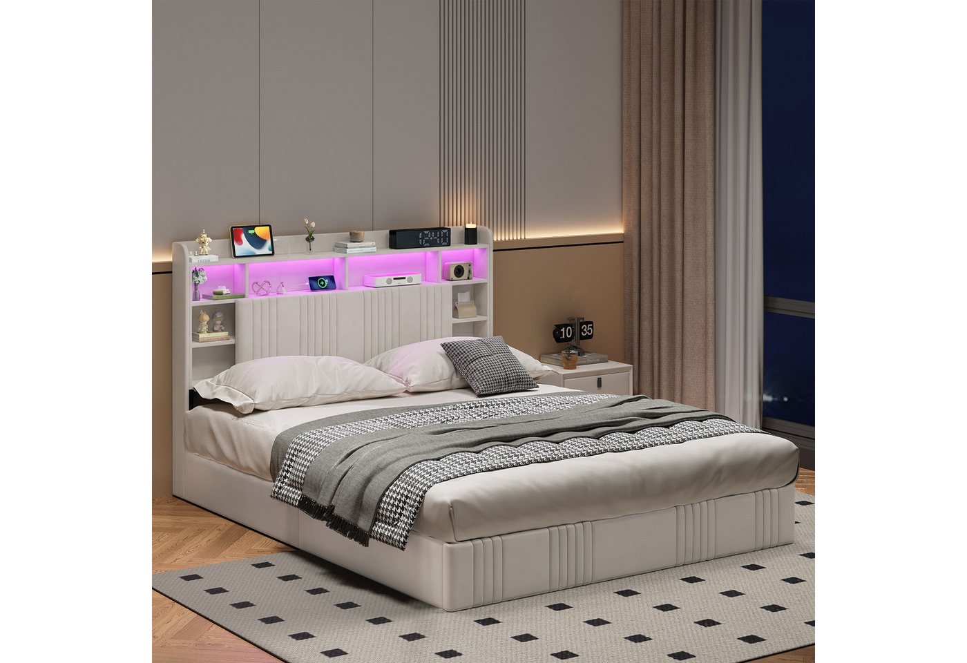 zebery Polsterbett 140x200 Doppelbett LED Hydraulisch anhebbarer Stauraumbett (Kopfteil mit Stauraum,Mit Lattenrost,Leinen), Modernes Jugendbett 140x200cm mit USB&Type-C,Beige