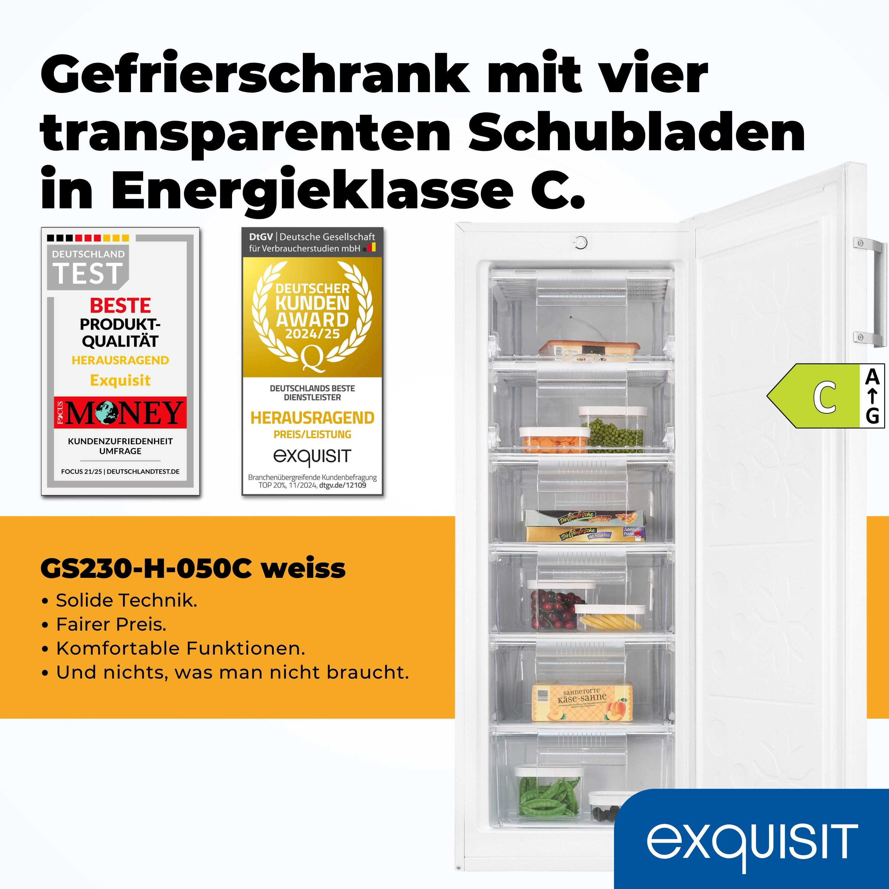 exquisit Gefrierschrank GS230-H-050C weiss, 144 cm hoch, 54 cm breit, Perfekt für Ihre Küche: flexibel, praktisch & klar strukturiert