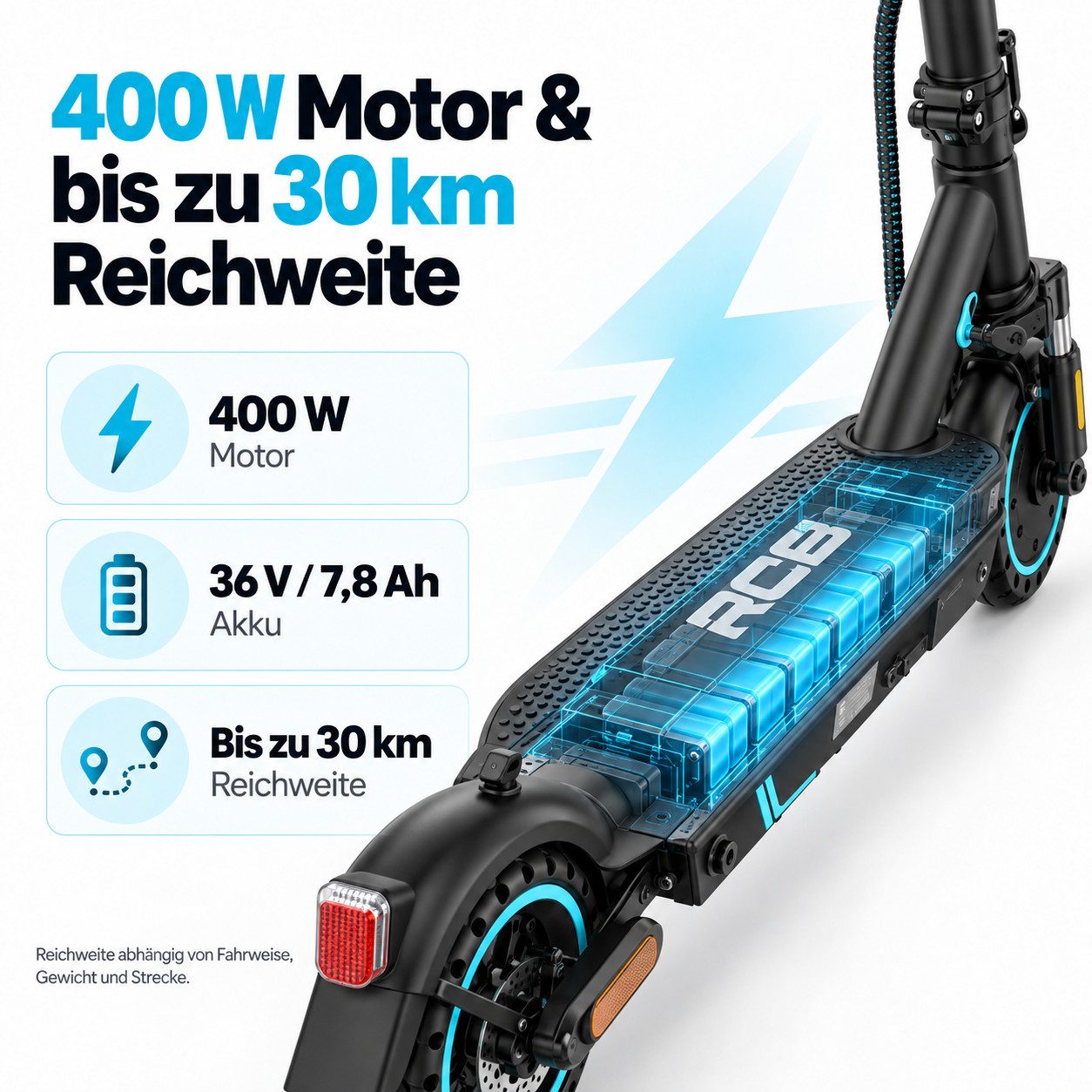 RCB E-Scooter 8.5 Zoll Elektroroller 400W Motor bis zu 30km mit Straßenzulassung, 20.00 km/h, APP-Funktion,Federungssystem, 15 kg Nettogewicht, faltbar – Bild 2 von 5