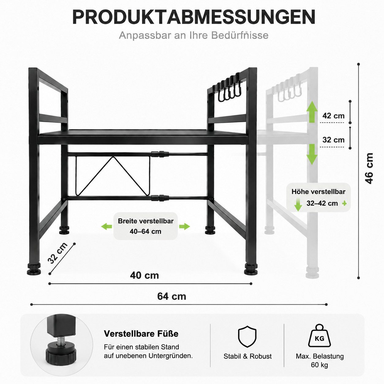 ibettertec Standregal Verstellbares Mikrowellenregal mit Haken, Küchenablage aus Stahl, Robustes Küchenregal aus Kohlenstoffstahl mit 6 Haken, flexible Anpassun – Bild 5 von 5