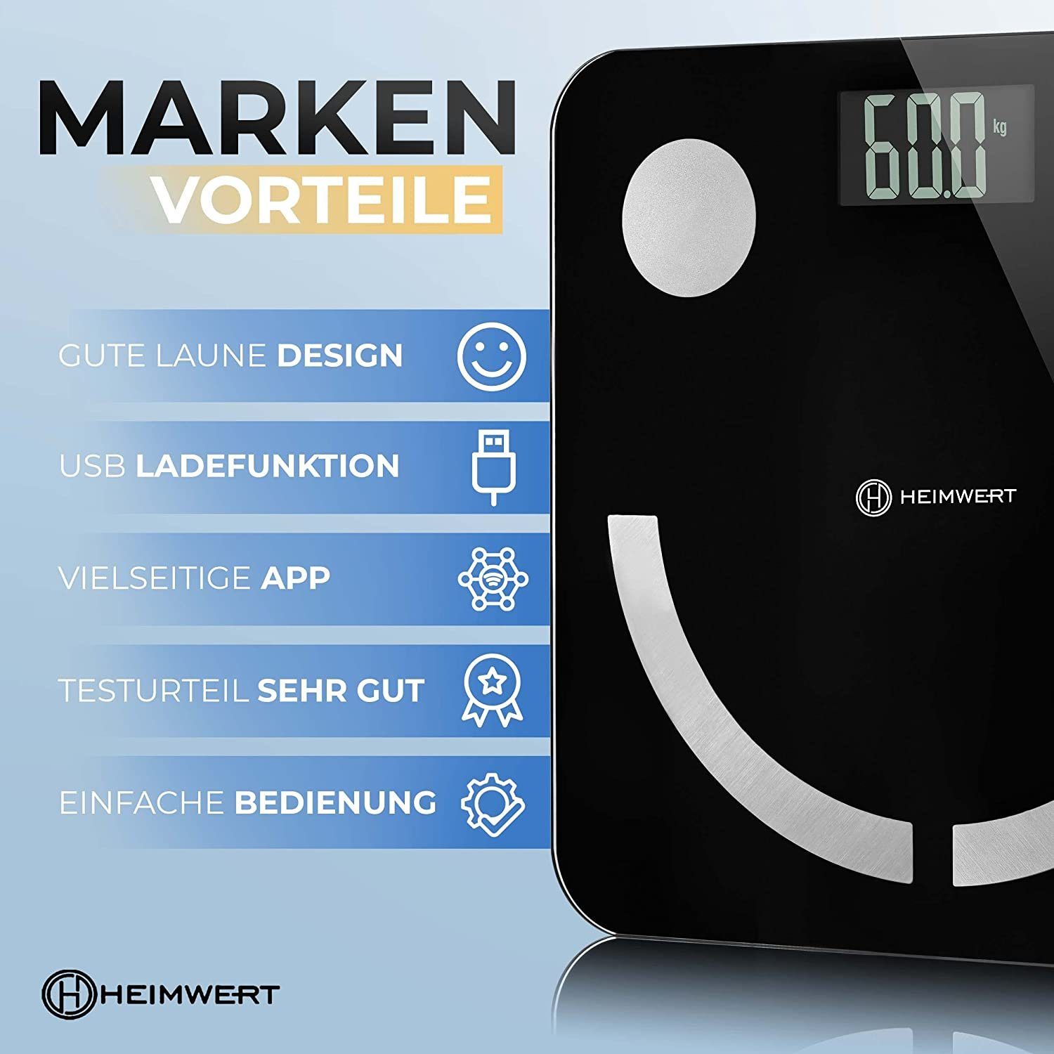 HEIMWERT Körper-Analyse-Waage Personenwaage Körperfett digital, wiederaufladbarer USB Akku, Testsieger Design Waage mit Bluetooth APP – Bild 2 von 5