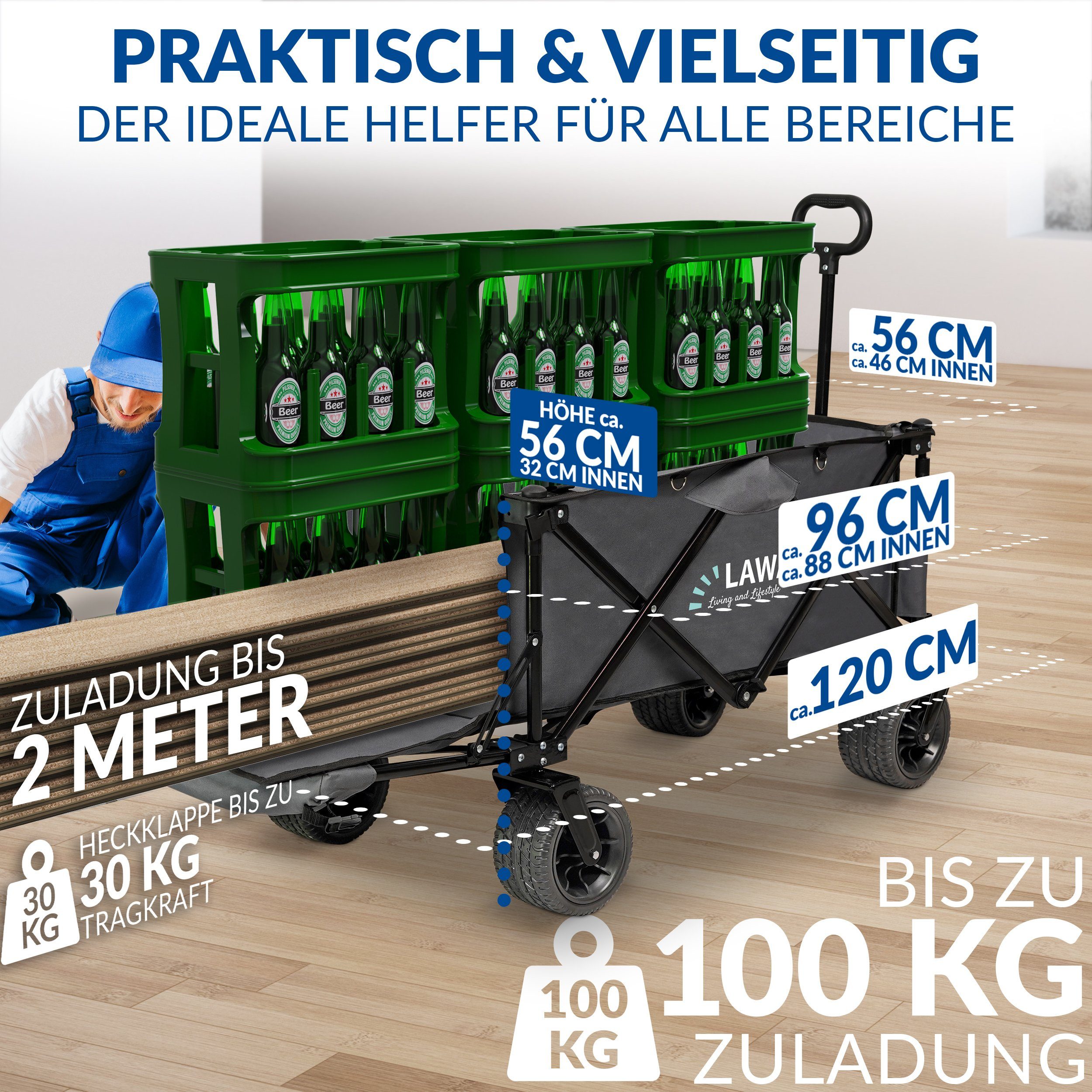 LAWA Living and Lifestyle Folding Wagon without Canopy with Brake, 100kg Load Capacity, 120cm Extendable Length (12.4kg Lightweight, Very Small Pack Size), Foldable Handcart, Rear Door, Grey