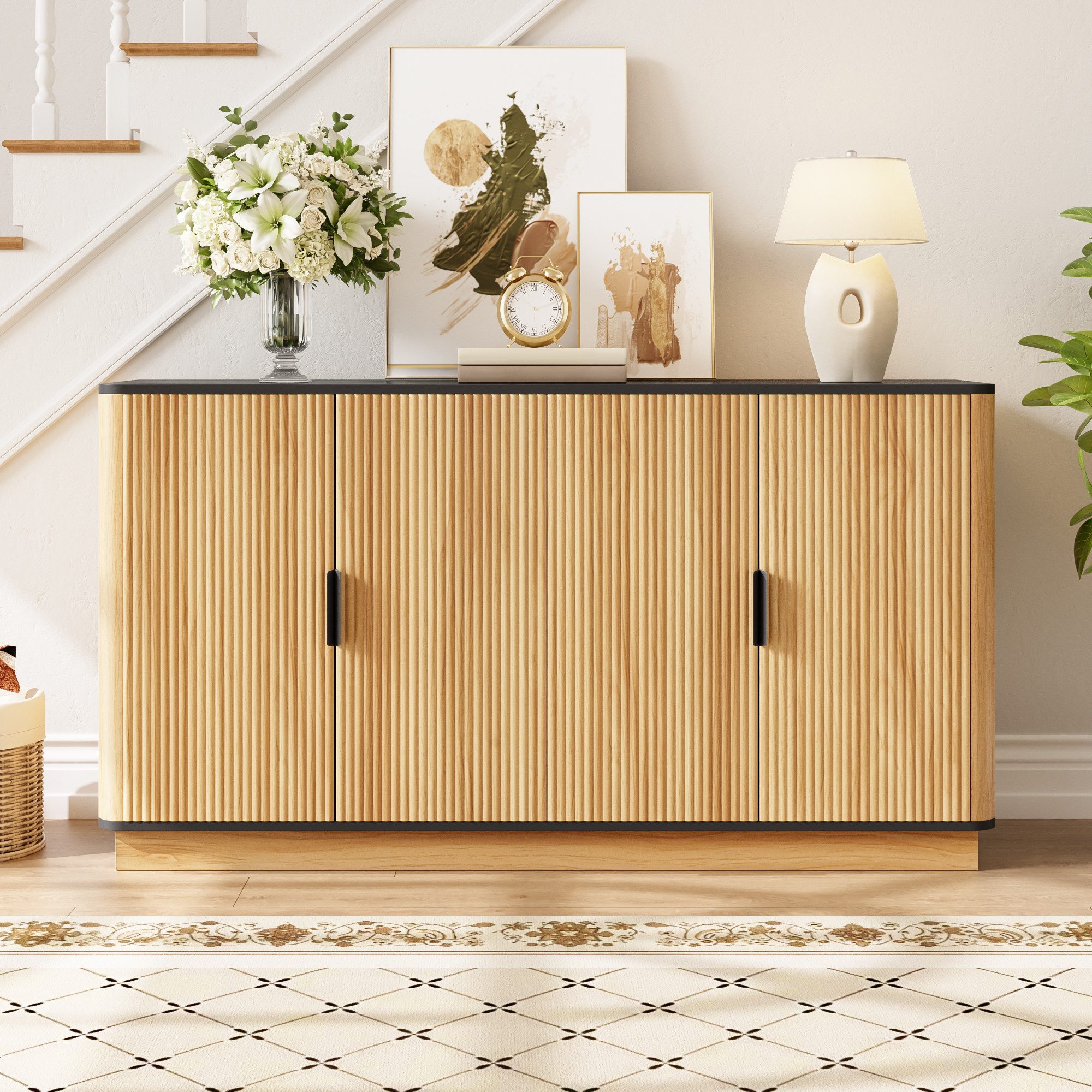 Odikalo Sideboard Lowboard Eckschrank Wohnzimmer mit Stauraum & Griffe aus Aluminium (Sideboard 4-türig, vertikale Riffelung, Holzoptik, Schrank für Wohnzimmer, Flur, Esszimmer, Stauraum)