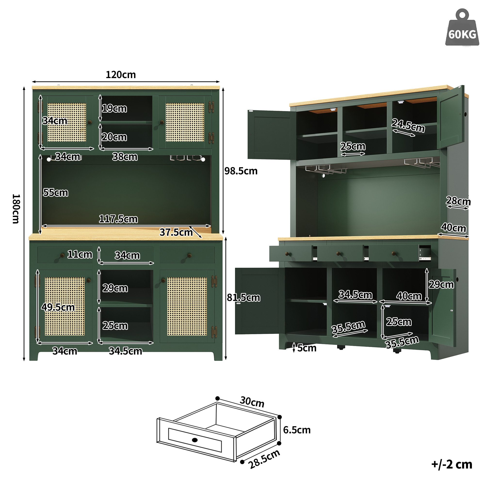 Celya Hochschrank mit Lichtsystem und Kippsicherung (120×40×180cm, PE Rattan Schrank mit verstellbaren Böden und Schubladen) für Küche, Wohnzimmer, Esszimmer