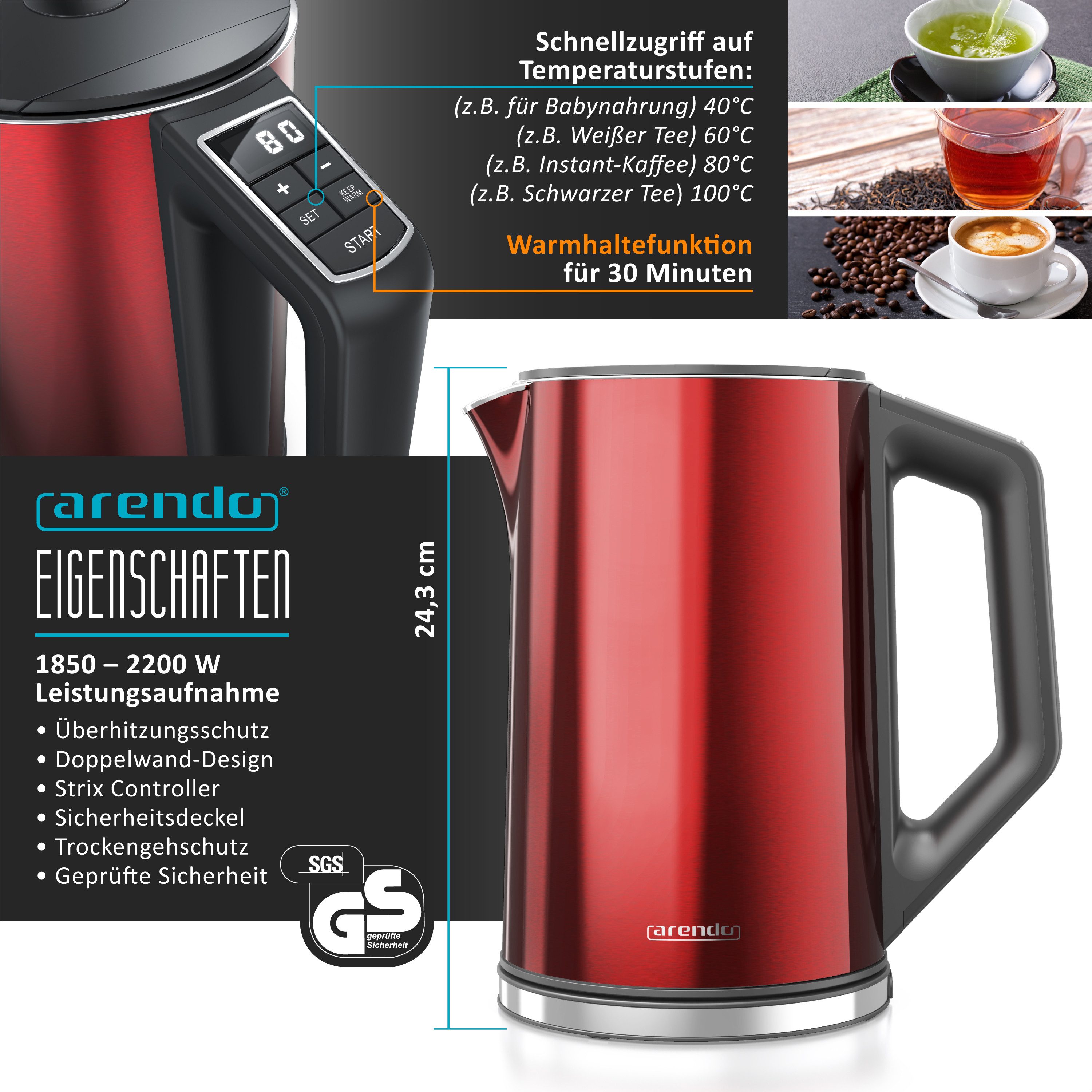 Arendo Frühstücks-Set Edelstahl Wasserkocher 1,5l, Eierkocher 6 Eier, 4-Scheiben Toaster rot (3-tlg), Langschlitz Brötchenaufsatz, Wasserkocher Temperatureinstellung