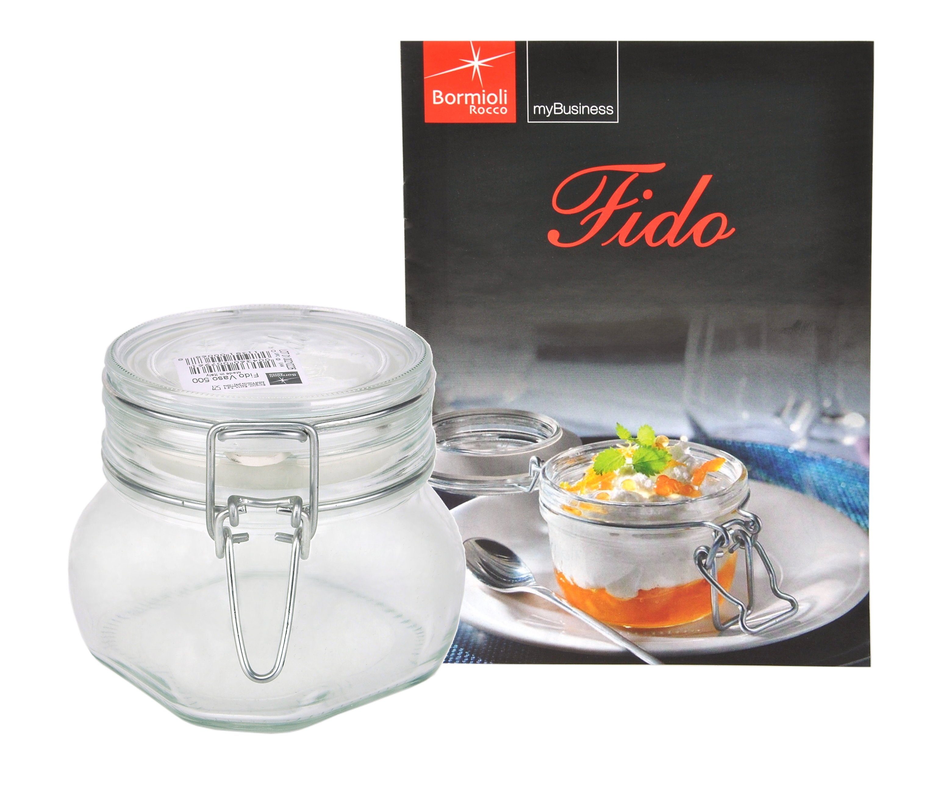 MamboCat Vorratsglas Einmachglas Bügelverschluss Original Fido Rezeptheft, incl. 0,5L Glas