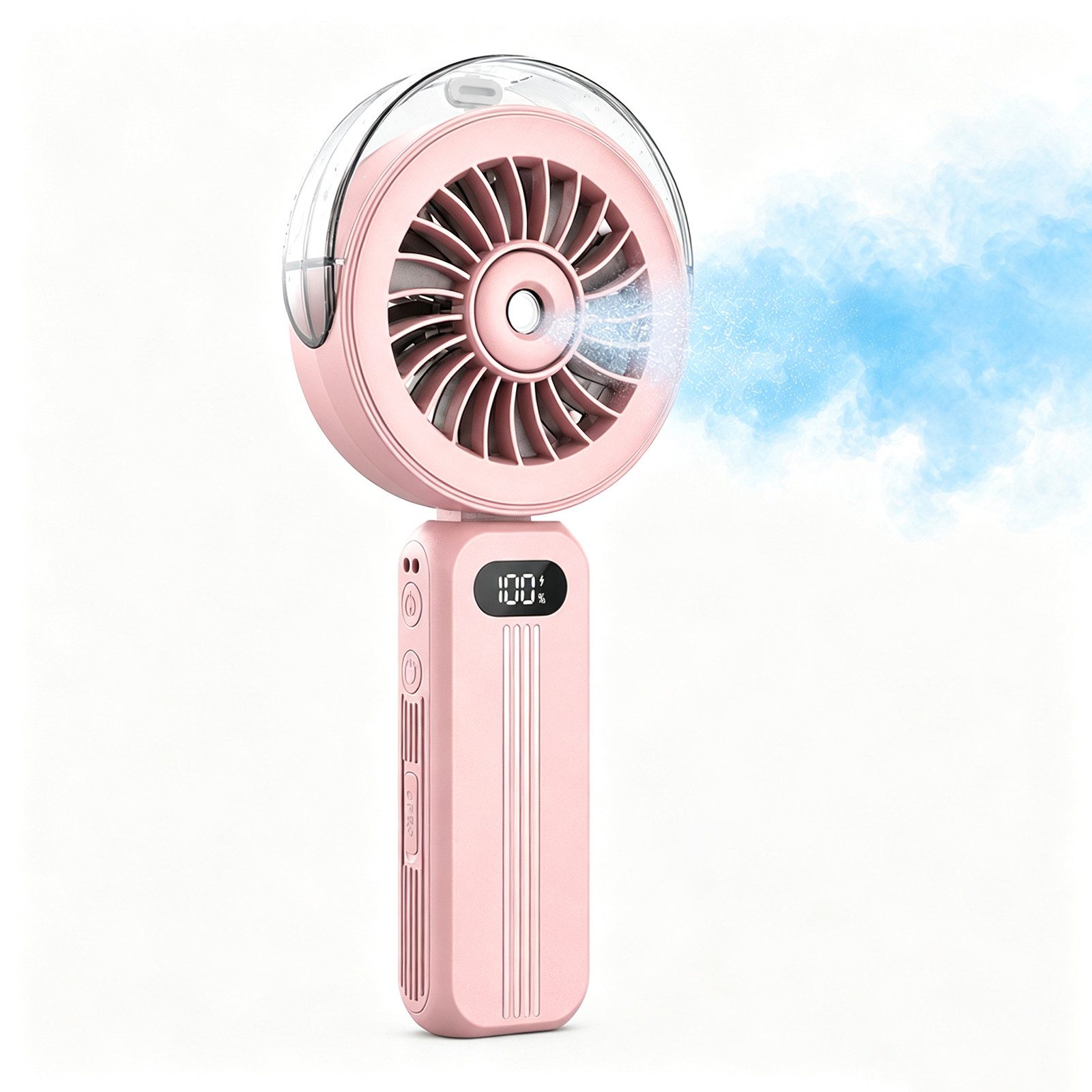 MOPUEA Handventilator 5-Gang Sprüh Handventilator mit 4000mAh Akku & 120° Klappdesign, Sprühkühlung, 5 Stufen, 4000mAh, 120° klappbar, LED Display