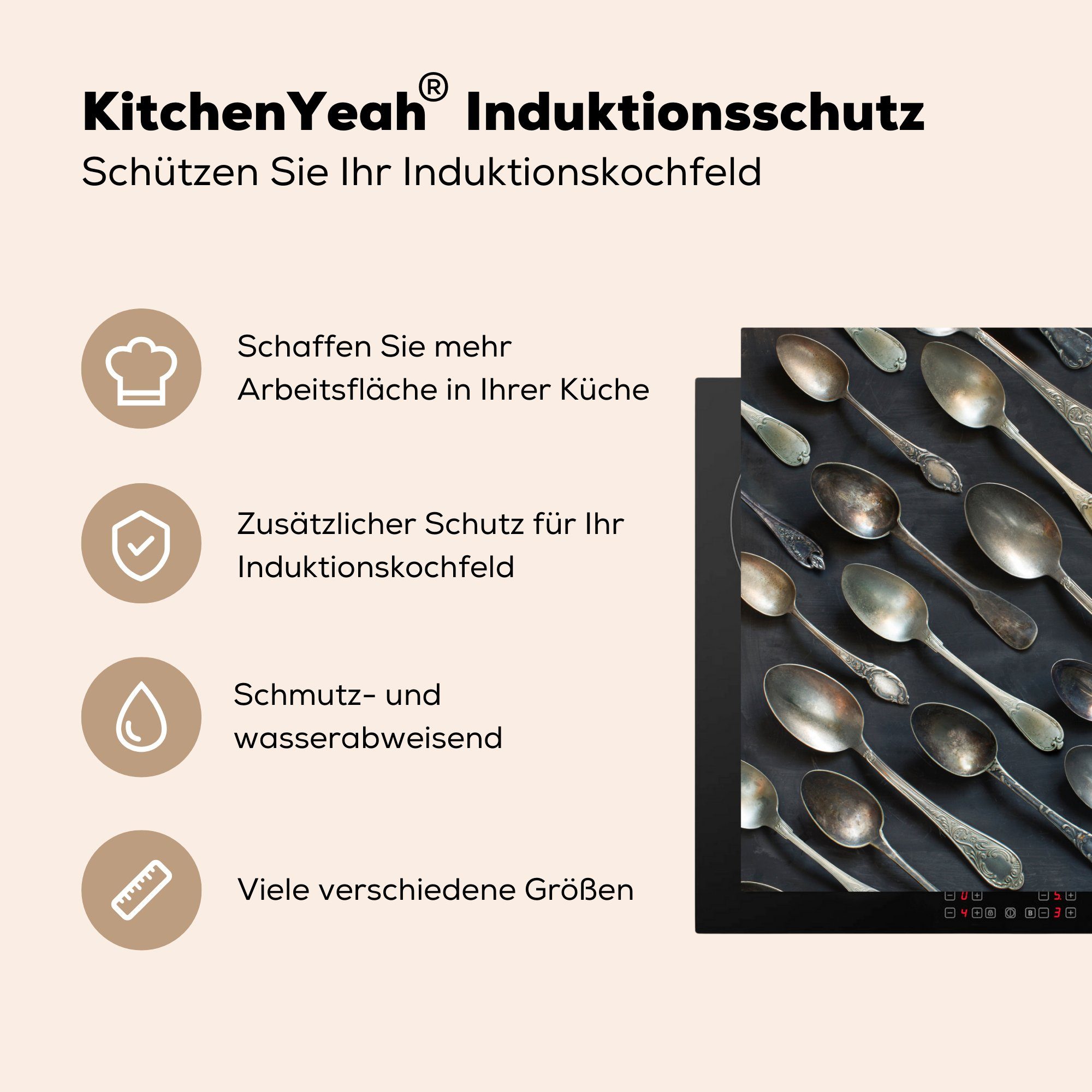 küche, die tlg), Ceranfeldabdeckung Metalllöffel, MuchoWow Vinyl, Herdblende-/Abdeckplatte leere 71x52 für Schutz (1 Alte, Induktionskochfeld cm,