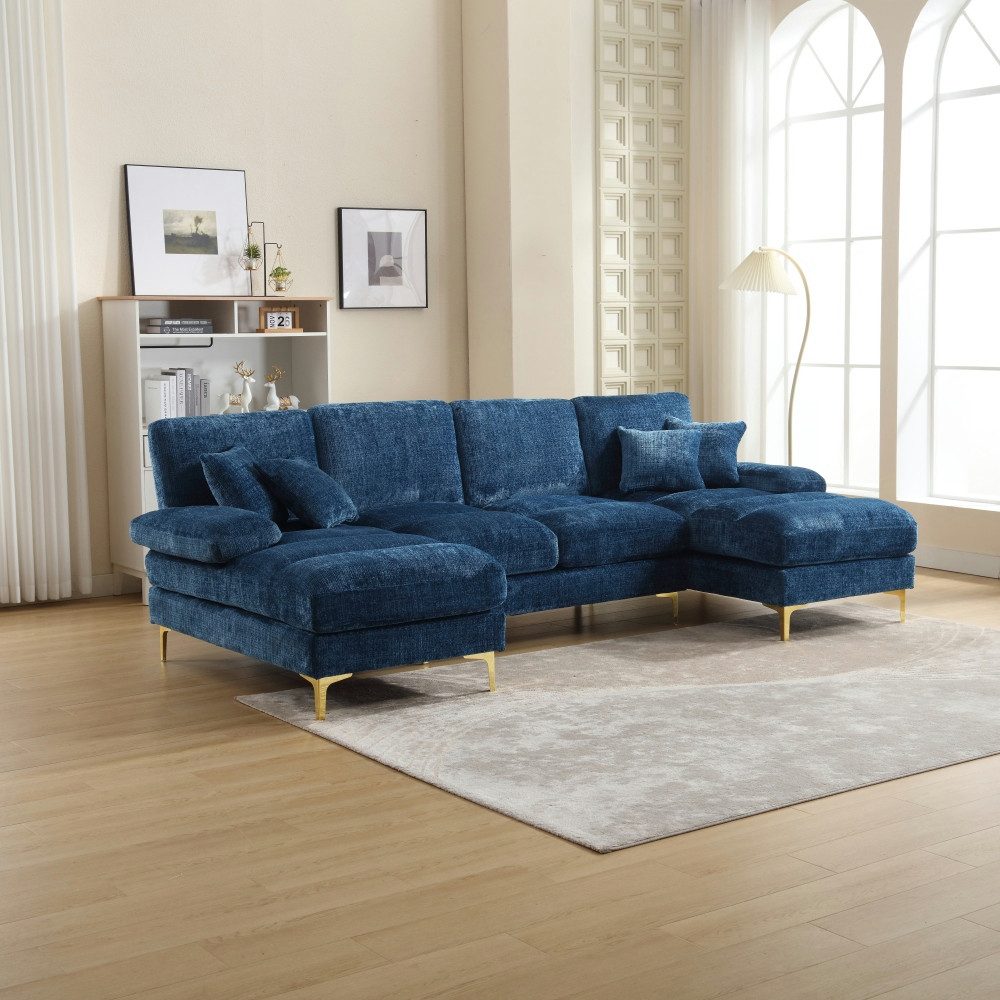 BBG Loungesofa Modernes U-förmiges Ecksofa mit Chenille-Bezug, 4-Sitzer, Wohnlandschaft mit 2 Liegeflächen, Couch mit Kissen & Metallfüßen, Großes Sofa für Wohnzimmer, Apartment, Büro