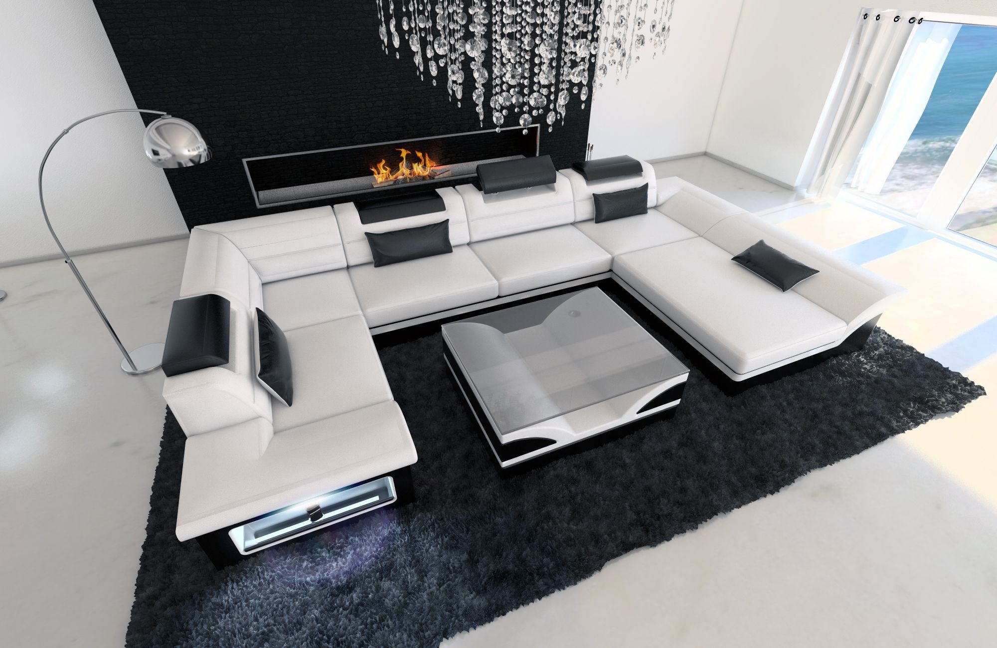Couch, Enzo Sofa Dreams wahlweise Wohnlandschaft Sofa mit als Designersofa Ledersofa, Form U Leder Ledercouch Bettfunktion mit LED, Schlafsofa,