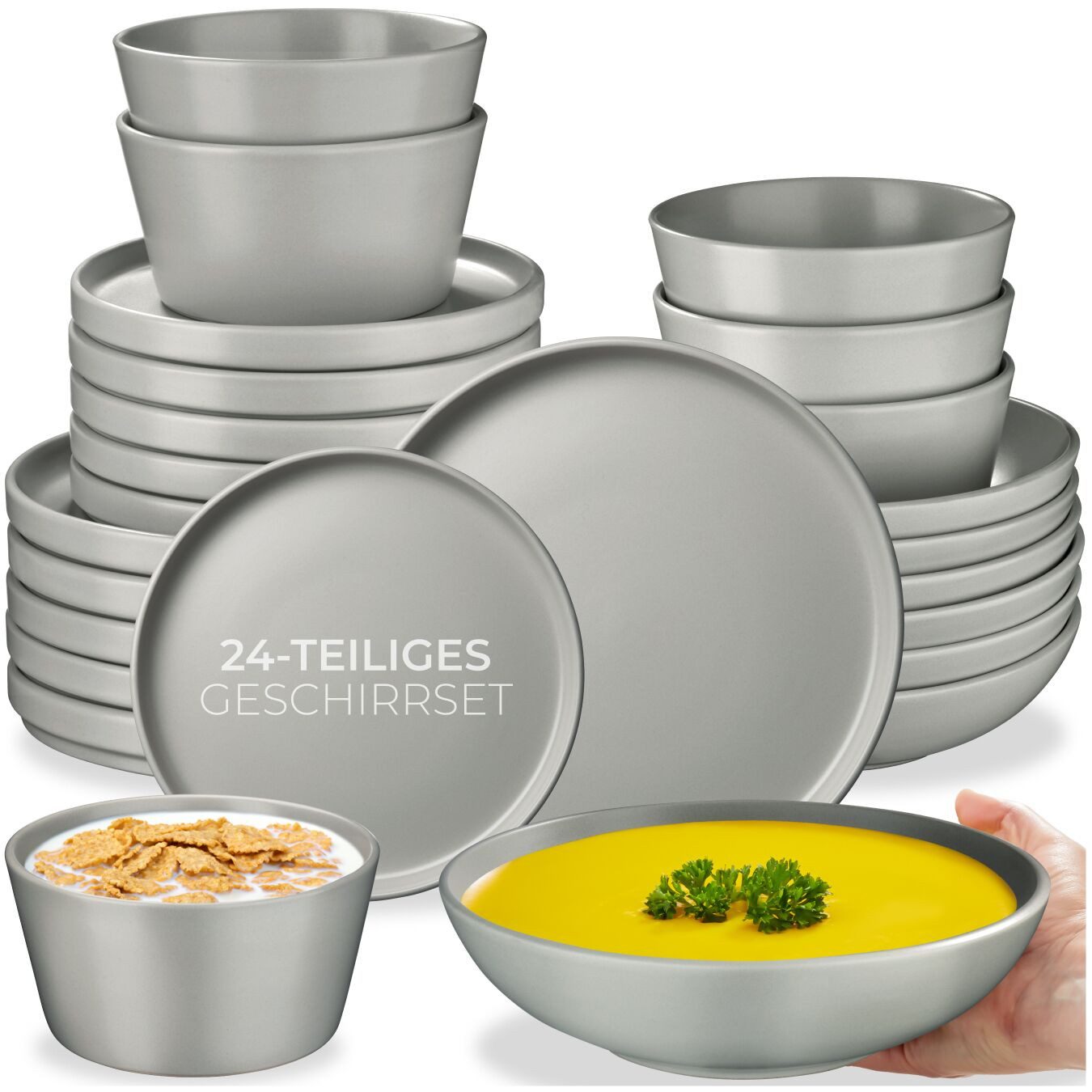tectake Geschirr-Set Tafelservice aus Steingut für 6 Personen, ineinander stapelbar (24-tlg), 6 Personen, Steingut, im Urban-Style, mit Glasur, spülmaschinen- und mikrowellengeeignet