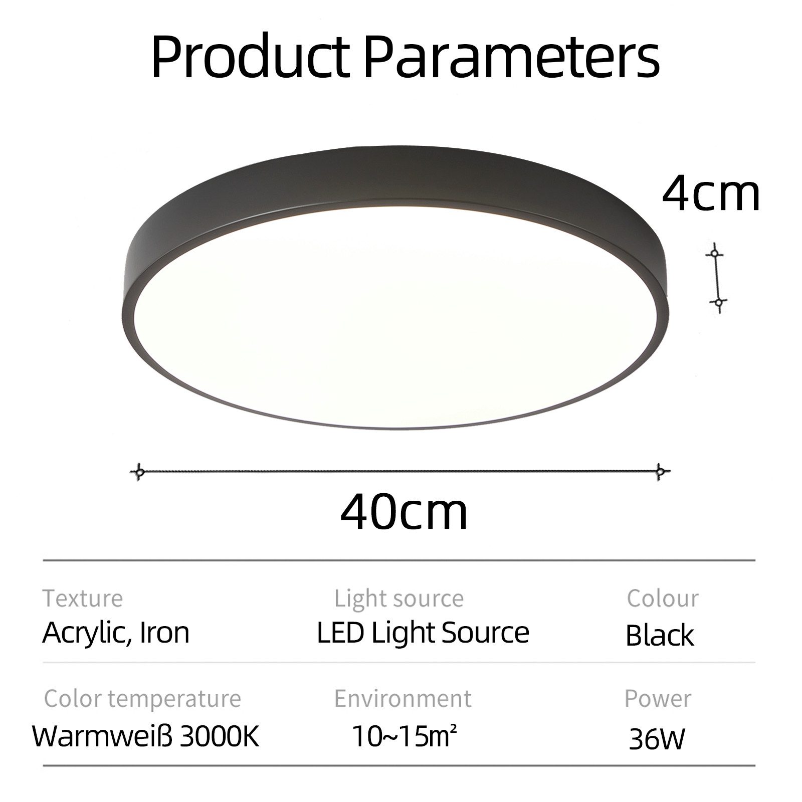 style home LED Deckenleuchte Modern Deckenlampe für Wohnzimmer Schlafzimmer, 36W-Warmweiß 3000K, LED fest integriert, Warmweiß 3000K ohne Fernbedienung, Runde Flach Lampe aus Metall, 36W, Ø40*4cm,Schwarz