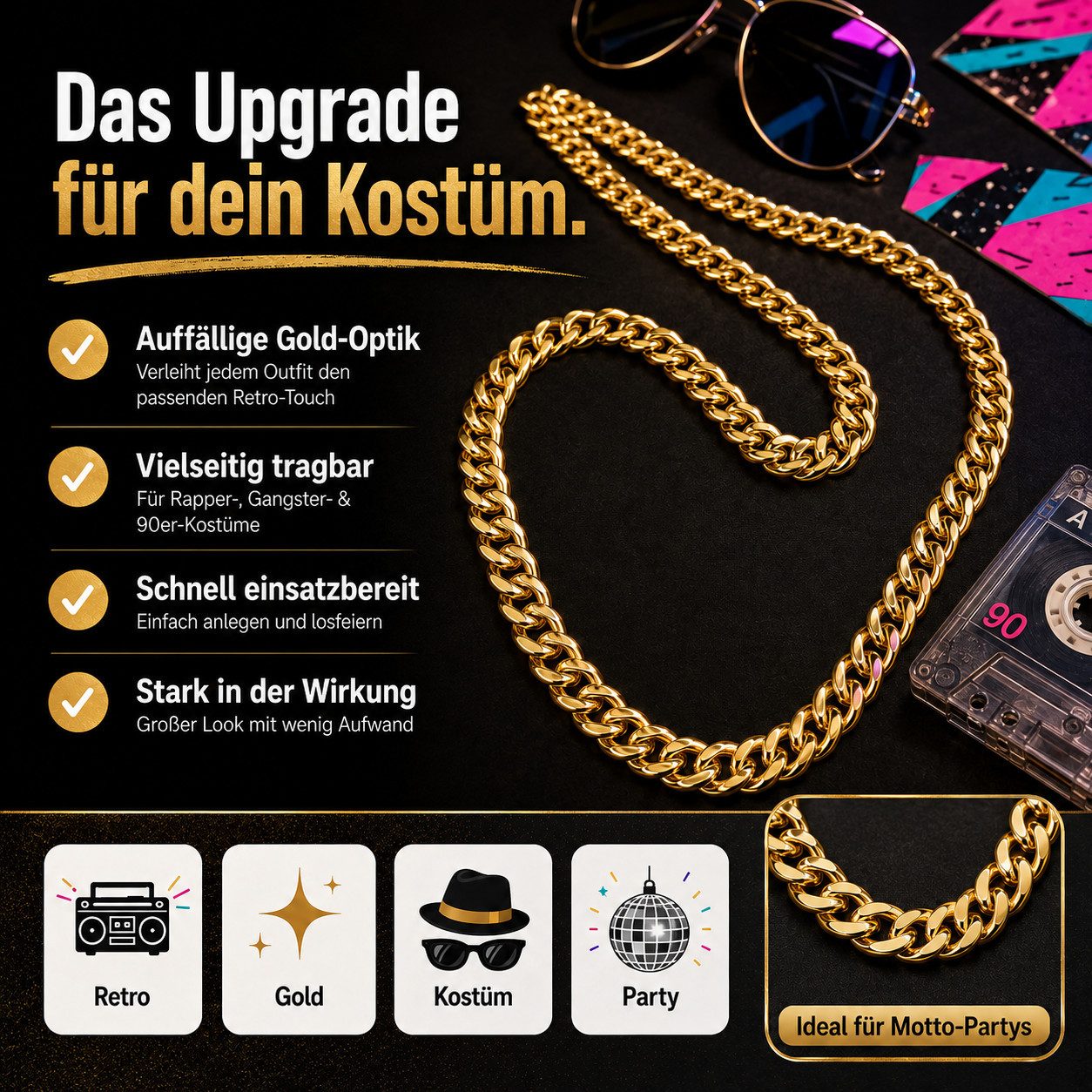 Costumed Goldkette Goldfarbene Panzerkette, ca. 50 cm, für 80er- und 90er-Kostüme (Packung, 1-tlg) – Bild 3 von 5