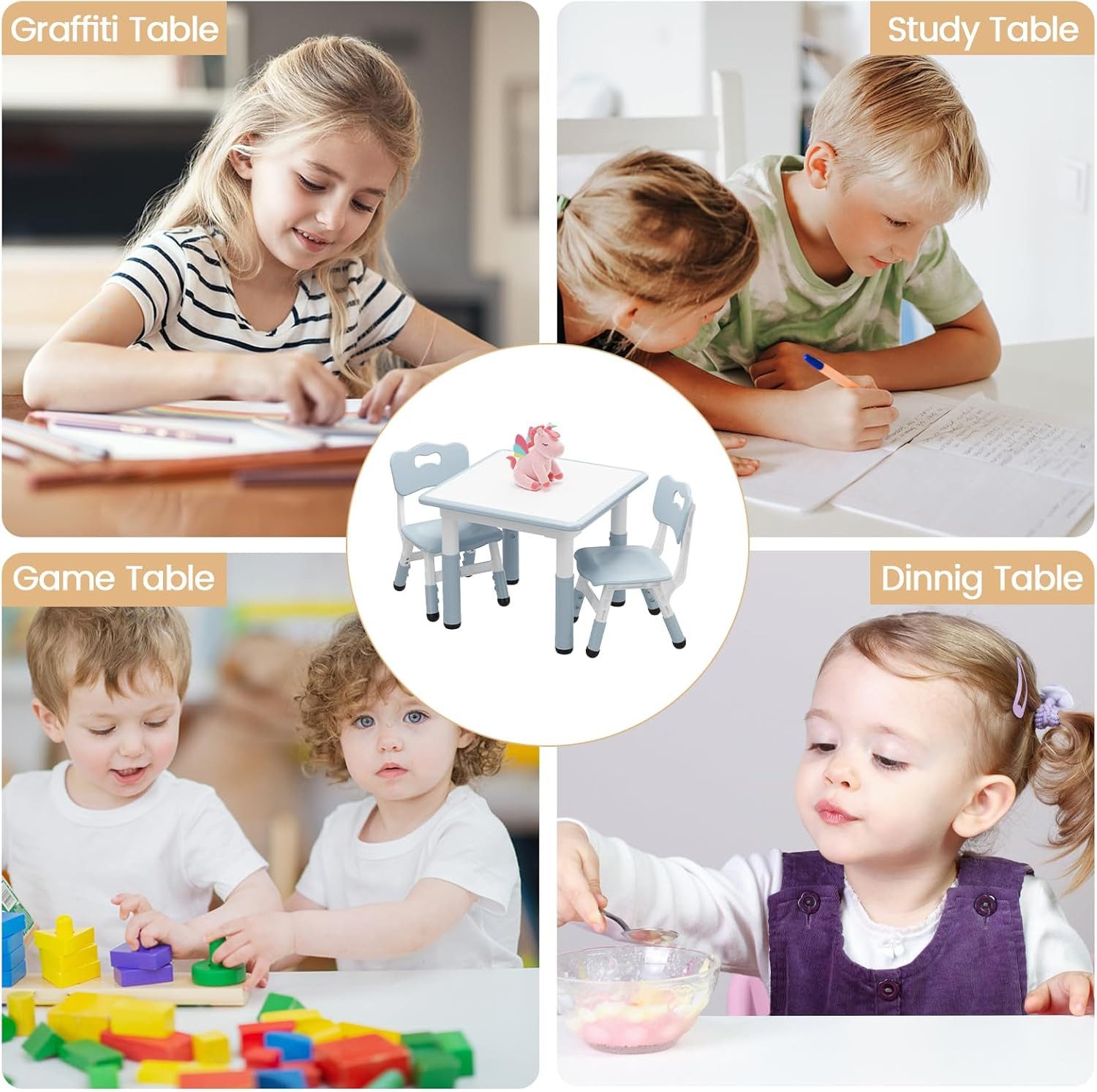 GarveeMore Kindersitzgruppe mit 2 Stühlen und Graffiti-Schreibtischplatte,höhenverstellbares, 3-tlg Kindertisch,für Kleinkinder Zum Zeichnen,Lesen,Kunsthandwerk