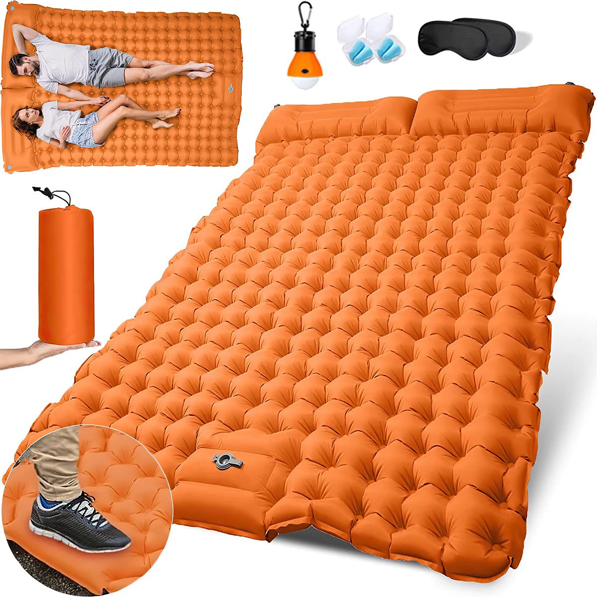 MOPUEA Isomatte Luftmatratze aufblasbare Schlafmatte für Camping Campingmatratze, (für Rucksacktourismus, Wandern, Reisen, Campingbett, Doppelbett mit Campinglampe + 2 Augenmasken + 2 Paar Ohrstöpsel), mit integrierter Fußpumpe