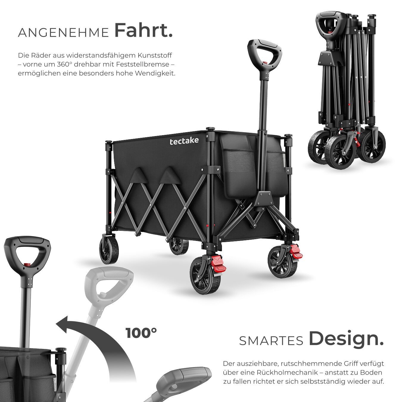 tectake Bollerwagen Handwagen RollRider faltbar, Teleskopgriff, Profilräder (1 Transportwagen, 1-tlg., 150L Volumen in Schwarz mit abnehmbarer Plane aus Oxford-Gewebe), inklusive Einlegeboden und 3 Netztaschen, Belastbarkeit 100 kg