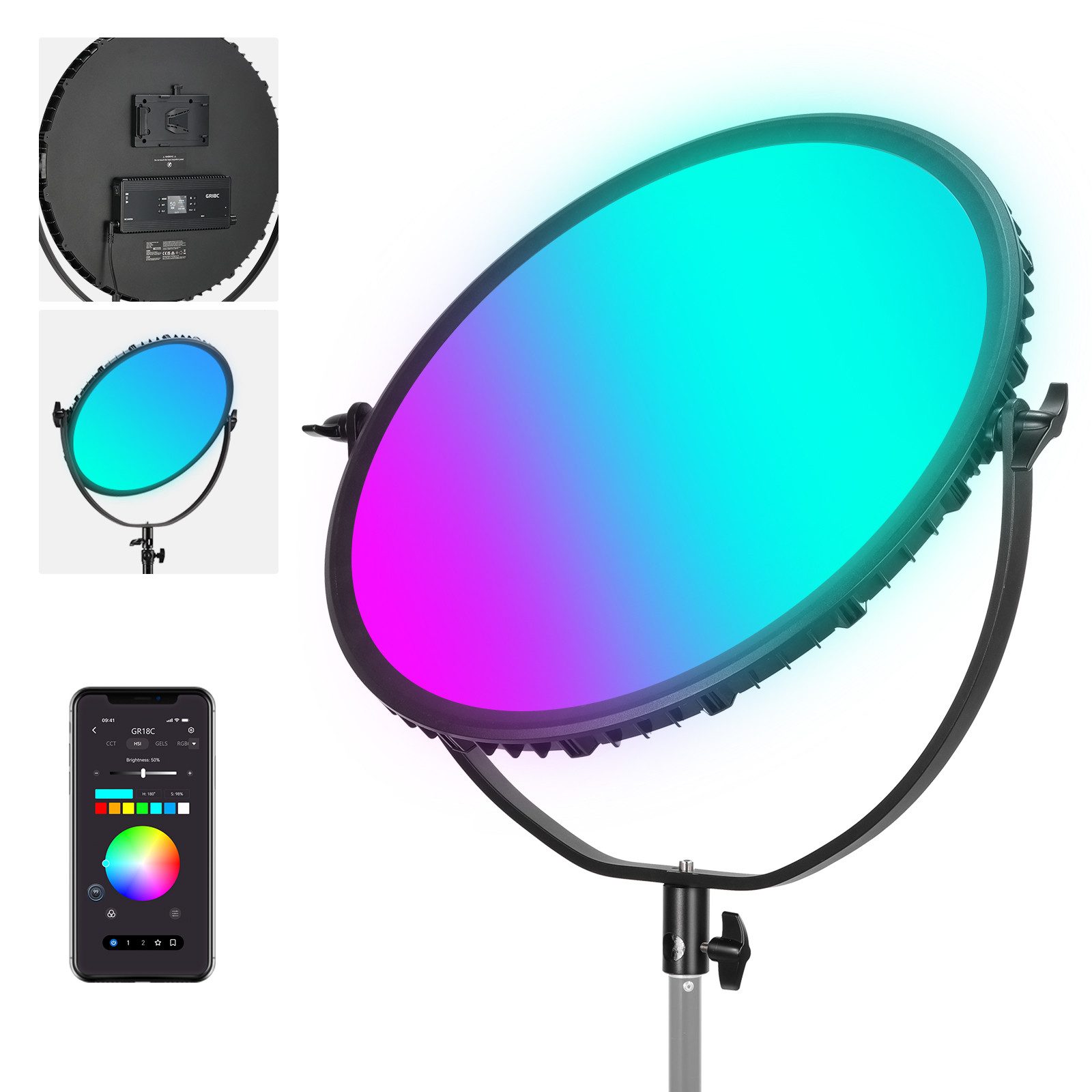 Neewer Videoleuchte GR18C 18" RGB Rundes LED Panel Videolicht mit APP Steuerung, 65W 6000Lux/0,5m Fotolicht, 2500K-8500K, 18 Szenen