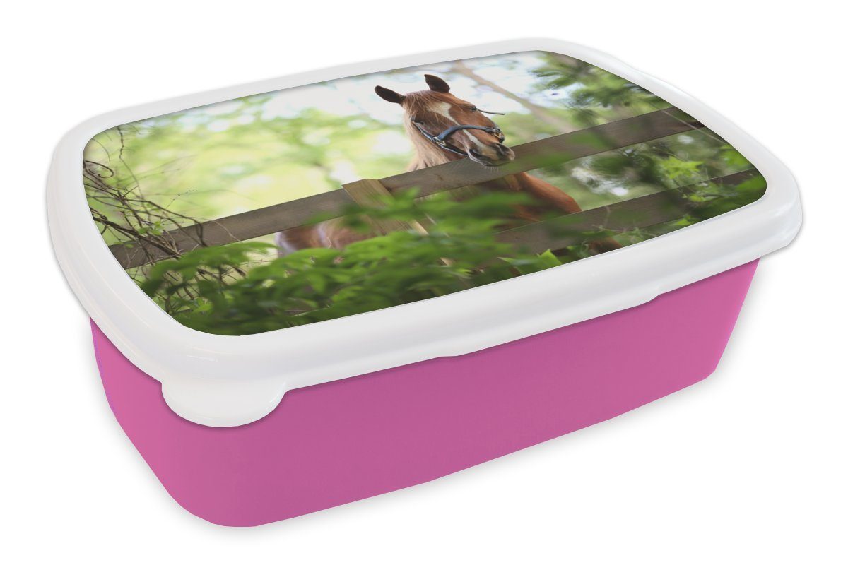 MuchoWow Lunchbox Pferd - Natur - Zaun, Kunststoff, (2-tlg), Brotbox für Erwachsene, Brotdose Kinder, Snackbox, Mädchen, Kunststoff rosa