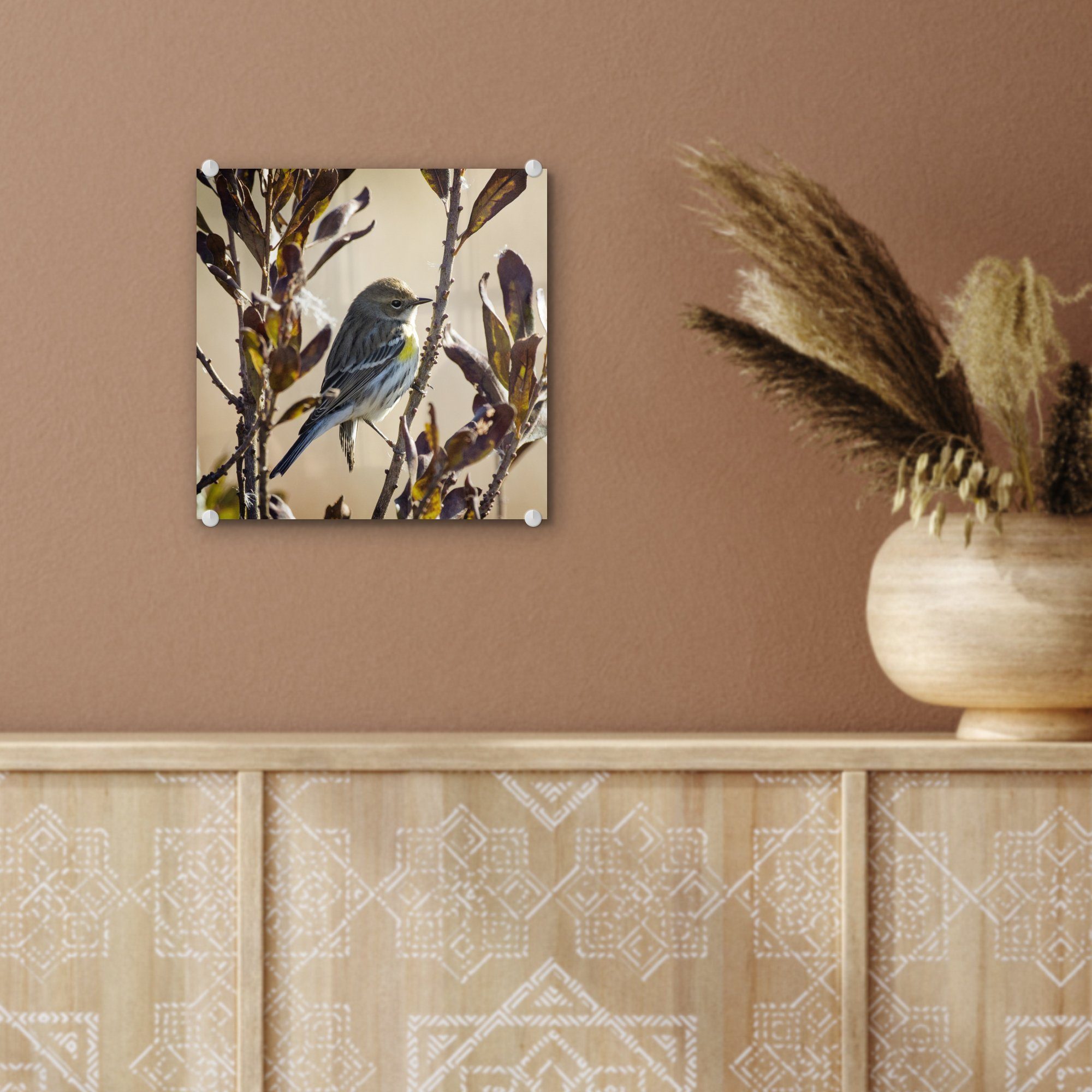 mit Wanddekoration (1 - Acrylglasbild Zweig Glas zwischen Blättern, Vogel auf MuchoWow Foto - einem Glasbilder Wandbild - St), Bilder auf Glas