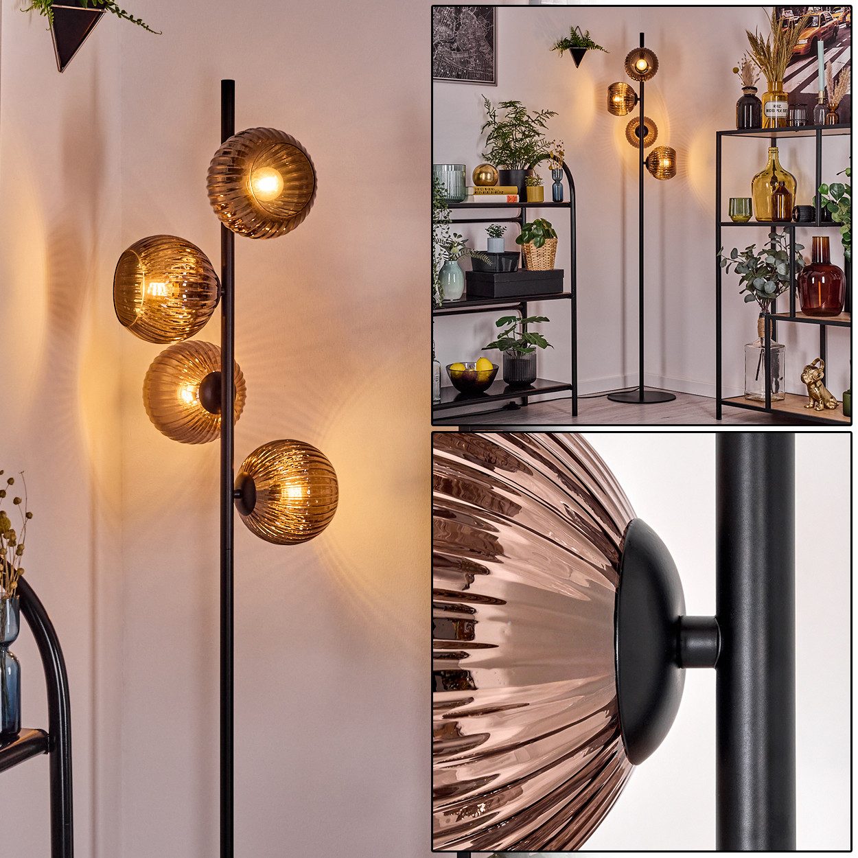 hofstein Stehlampe Stehlampe aus Metall/Riffelglas in Schwarz/Kupfer, Vintage-Design, ohne Leuchtmittel, moderne Stehleuchte, Ø Schirme 15 cm, Fußschalter, 160 cm, E14