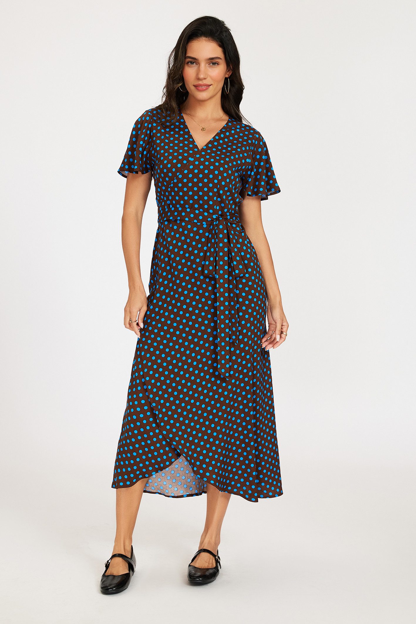 FS Collection Wickelkleid Damen Sommerkleid Freizeitkleid Wickelkleid Maxikleid V-Ausschnitt (XS (EU:36 / UK:8) · S (EU:38 / UK:10) · M (EU:40 / UK:12) · L (EU:42 / UK:14) · XL (EU:44 / UK:16), 4 Farben: Braun-Blau, Schwarz-Braun,Dunkelgrün gepunktet, Oliv-Schwarz) Wickeloptik, V-Ausschnitt, Bindegürtel, Flatterärmel