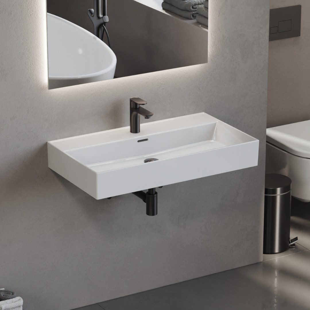 Aqua Bagno Waschbecken 80 cm weiß eckig Wandmontage Waschtisch Aufsatzwaschbecken