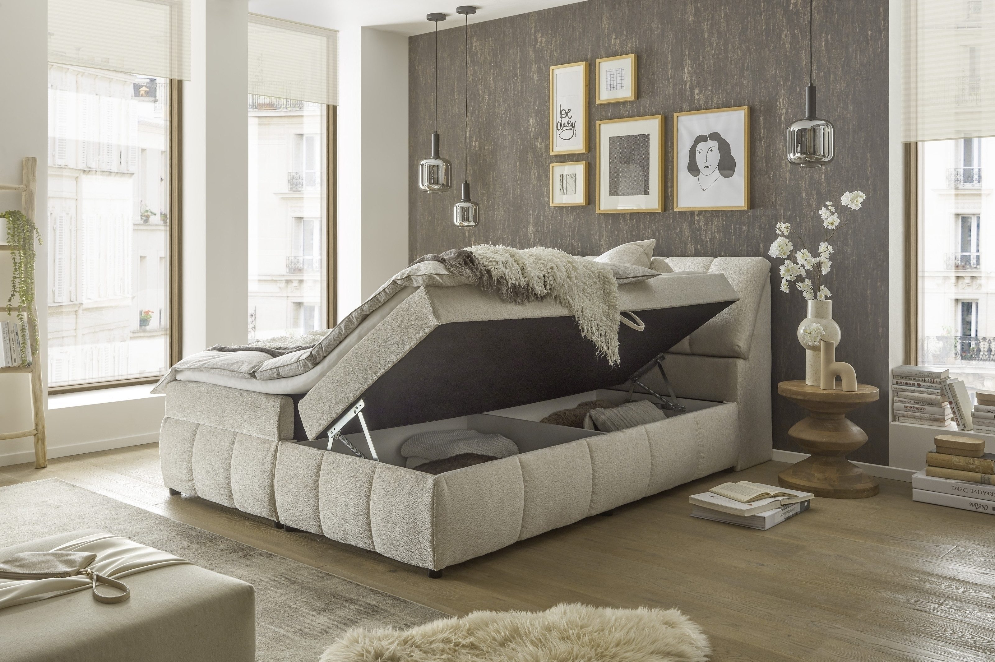 Black Red White Boxspringbett Stauraum, inkl. Topper, Ivory cream, 180x200cm - 183x105x240cm (BxHxT)