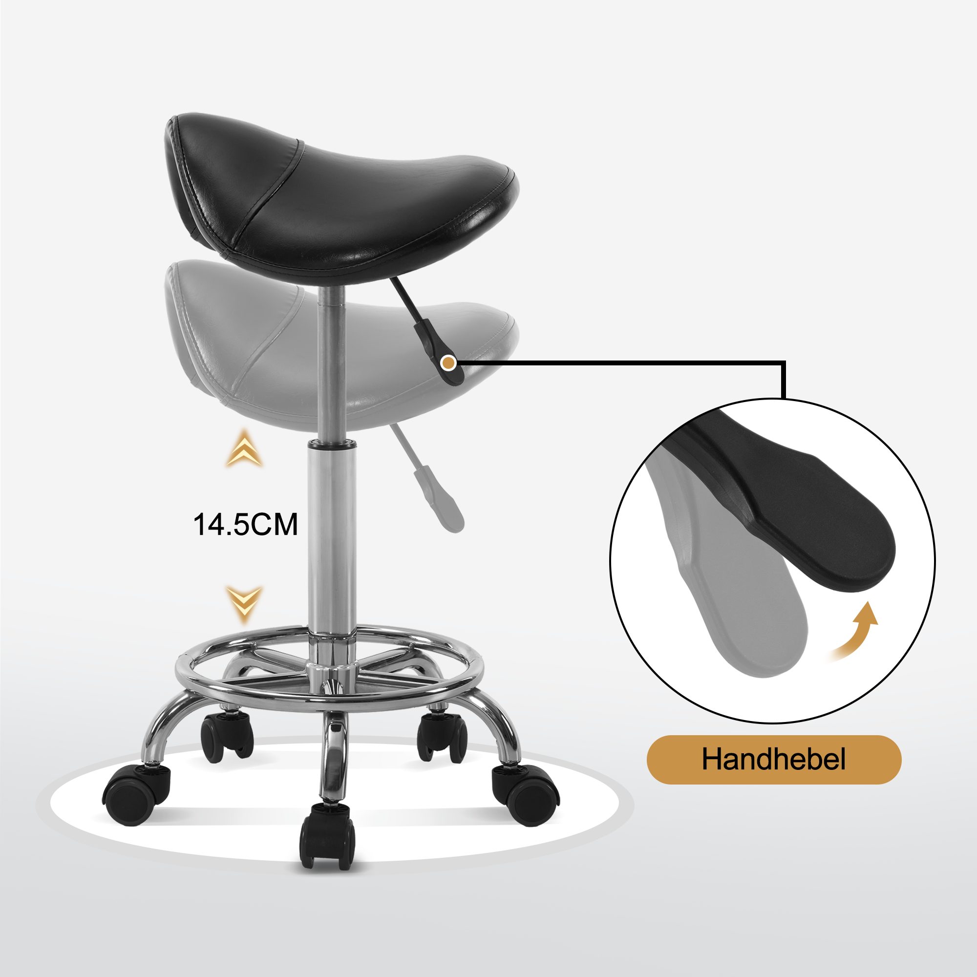 Barberpub Drehhocker Barberpub Rollhocker Sattelhocker Höhenverstellbar H110, 360° drehbar, Bürohocker mit Rollen