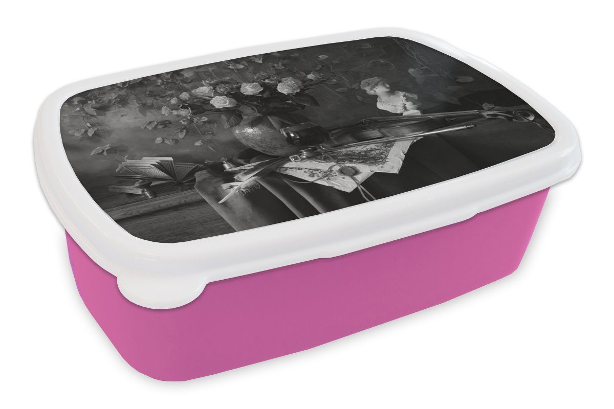 MuchoWow Lunchbox Stilleben - Geige - Schwarz - Weiß, Kunststoff, (2-tlg), Brotbox für Erwachsene, Brotdose Kinder, Snackbox, Mädchen, Kunststoff rosa