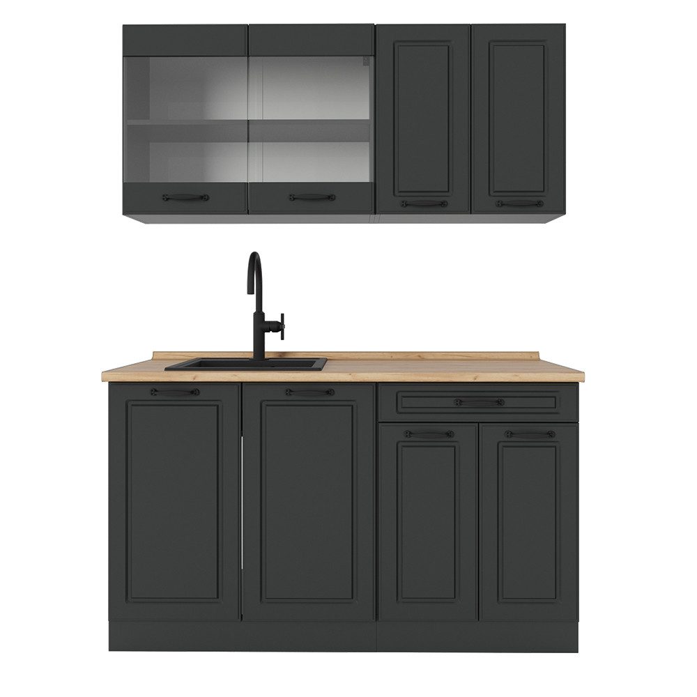 Vicco Küchenzeile R-Line, Anthrazit Landhaus/Anthrazit, 140 cm ohne Arbeitsplatte