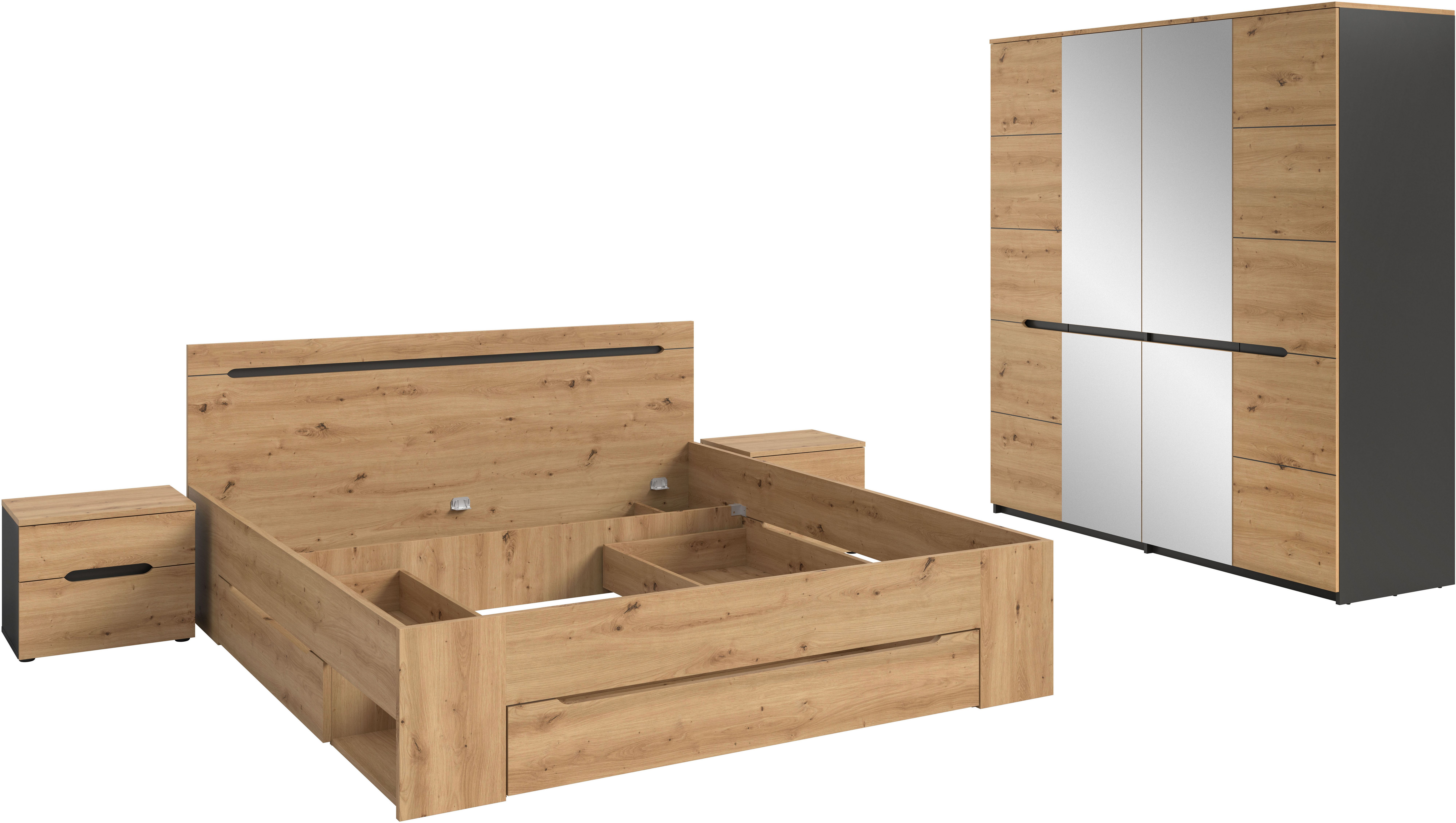 Home affaire Schlafzimmer-Set REHAT, 4-teilig, best. aus: Bett, Kleiderschrank & 2x Nachtkommode, (4-tlg., TOPSELLER!, für Matratzengröße 140x200 cm, viel Stauraum), Rehat, Schlafzimmerset, Bett 180x200 cm, Nachttisch, Kleiderschrank
