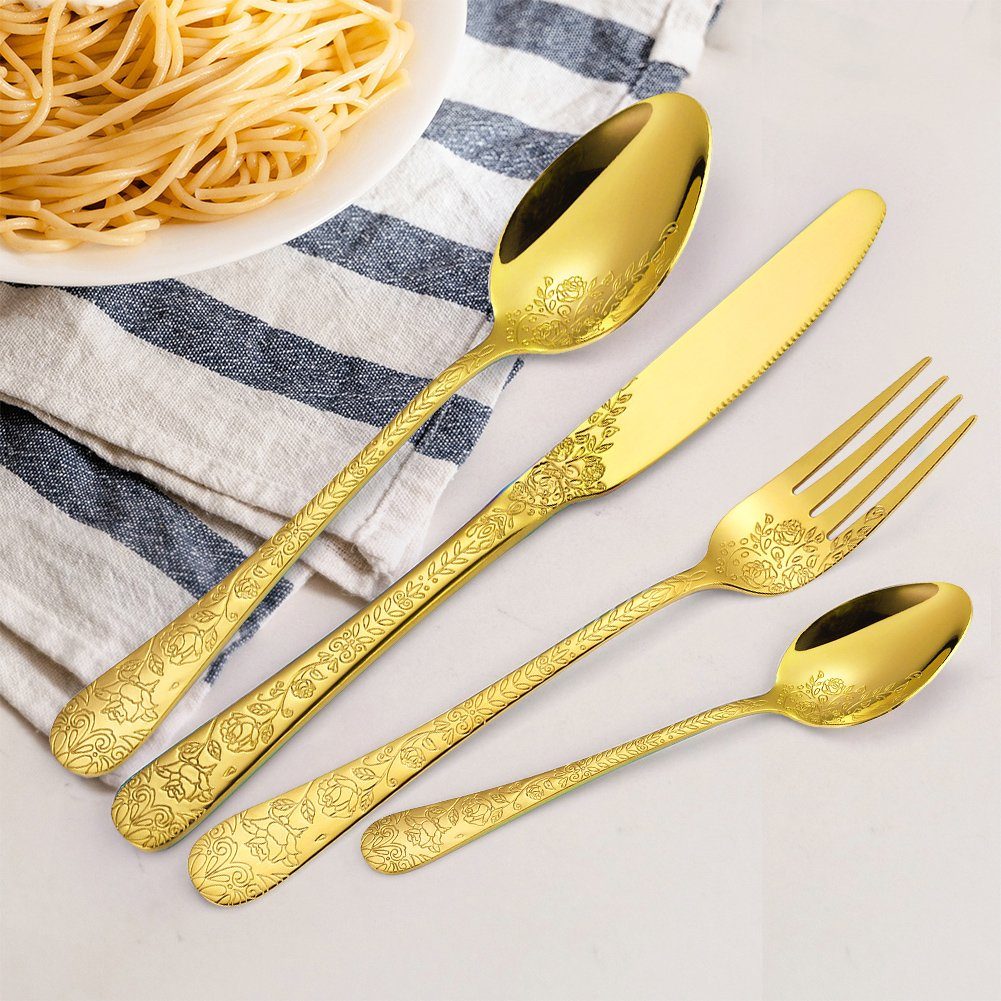 KEENZO Besteck-Set 40 teilig Edelstahl Gold Essbesteck Set florale Muster Griff (40-tlg), 8 Personen, Edelstahl