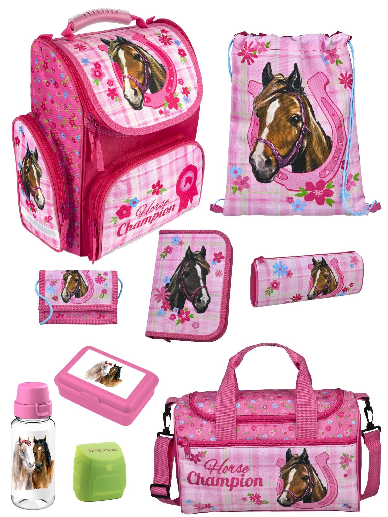 Familando Schulranzen Clou Pferde Champion Schultasche, rosa, ab 1. Klasse (Erweitertes Set, 9-tlg., mit Lunch-Set und Sporttasche), kompakt, mit 2-Wege Reißverschluss