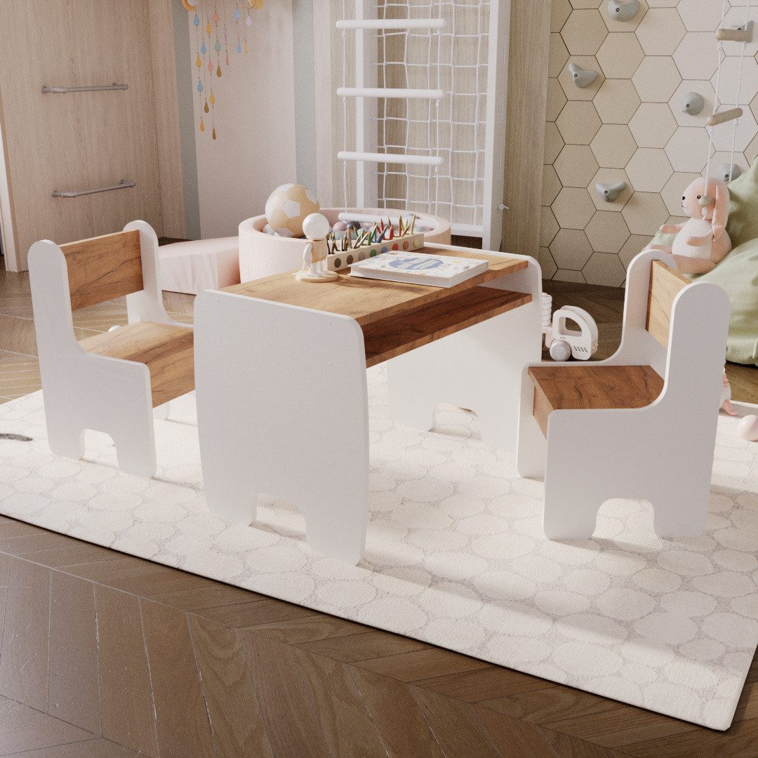 Raumhirsch Furniture Kindertisch Kindertisch & Stühle, Kindermöbelset, Maltisch mit Hocker (Kindersitzgruppe, 3-St., bestehend aus Tisch und 2 Stühlen), Kindgerechtes Design, Stauraum unter Tischplatte, abgerundete Ecken