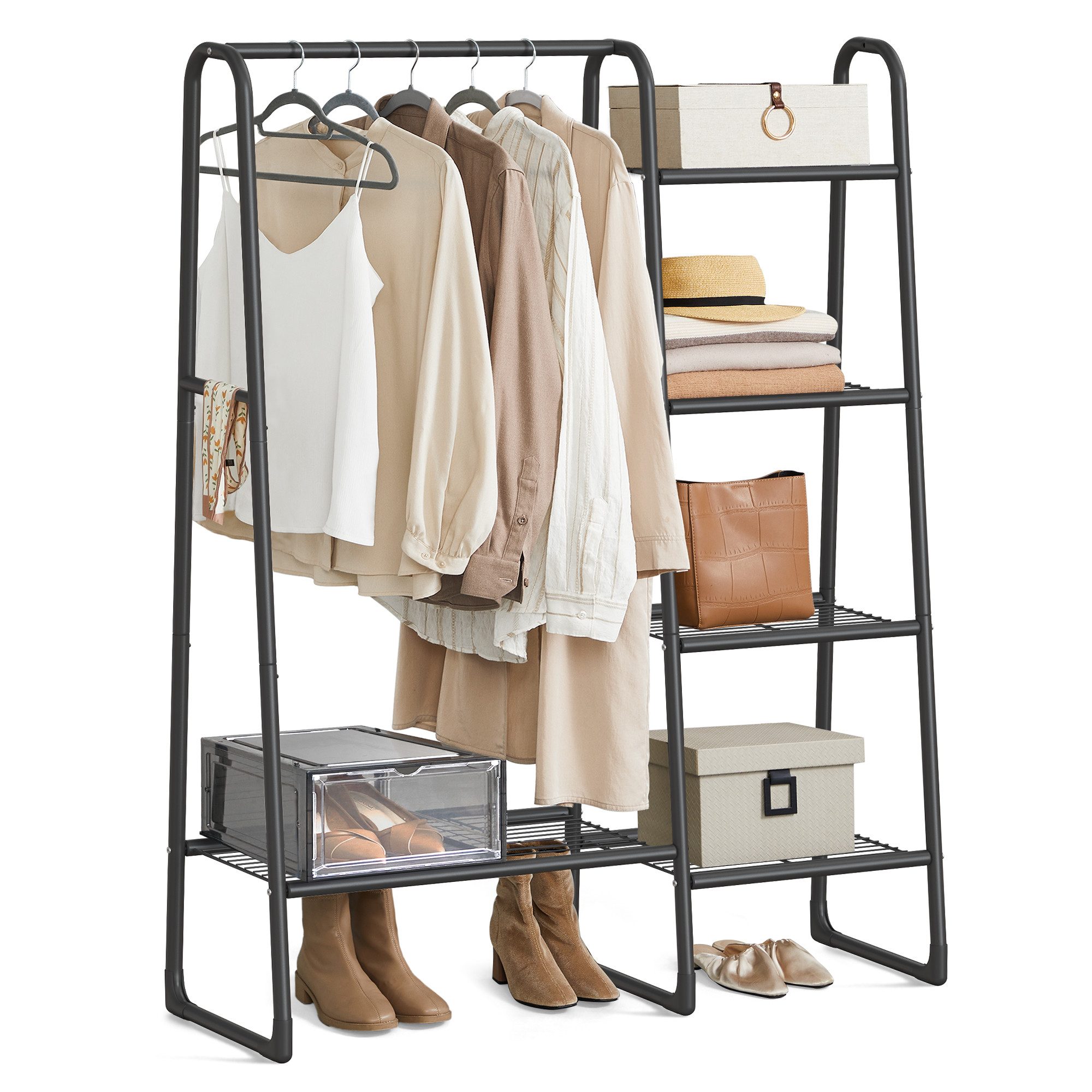 SONGMICS Kleiderständer Wäscheständer, 40 x 101,7 x 153,3 cm, für Schlafzimmer, Wohnzimmer, mit 5 Ablagen, Metallrahmen, bis 70 kg belastbar, tintenschwarz