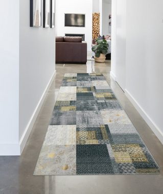 Teppich Eleganter moderner Teppich Quadrate orientalisch gemustert gold grau, Carpetia, rechteckig, Höhe: 7 mm