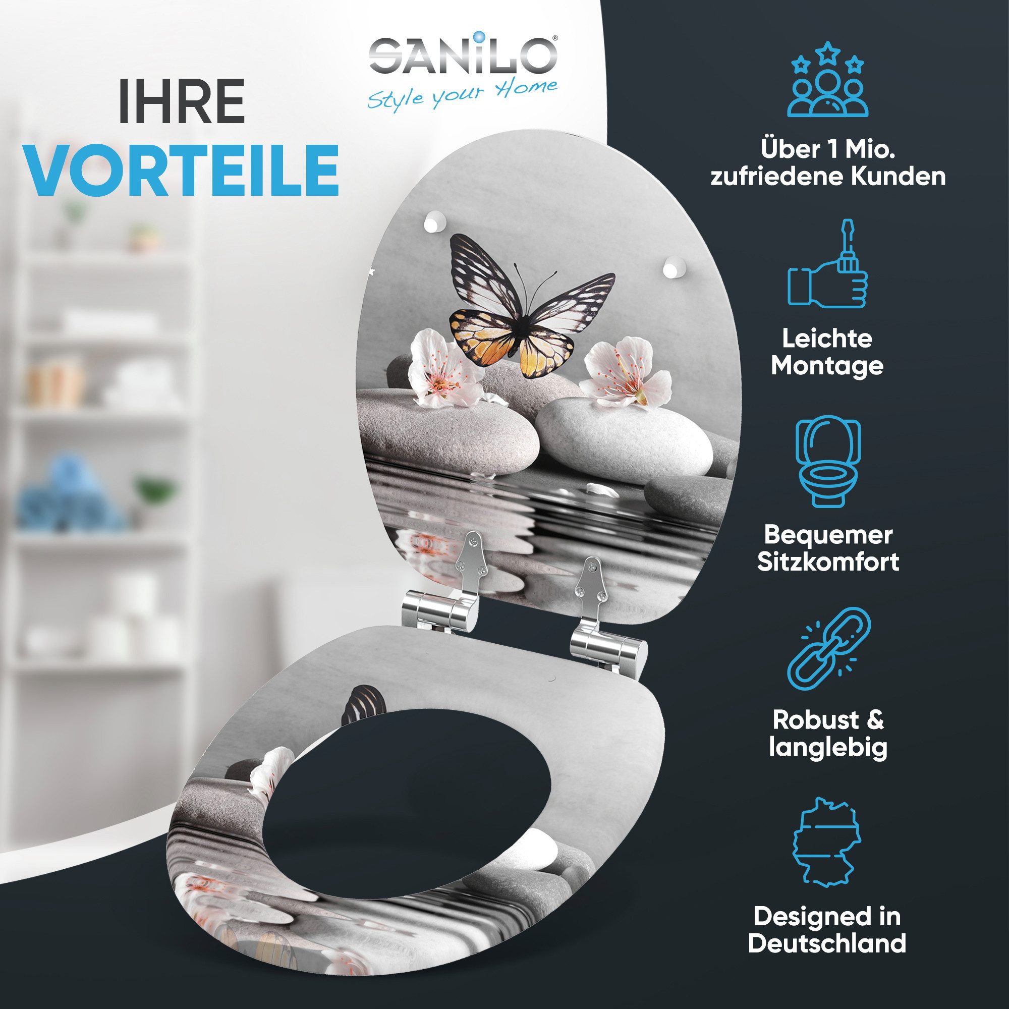 Sanilo WC-Sitz mit Absenkautomatik, viele schöne Toilettensitze direkt vom Hersteller, Premium Toilettendeckel, moderner Klodeckel, leichte Montage