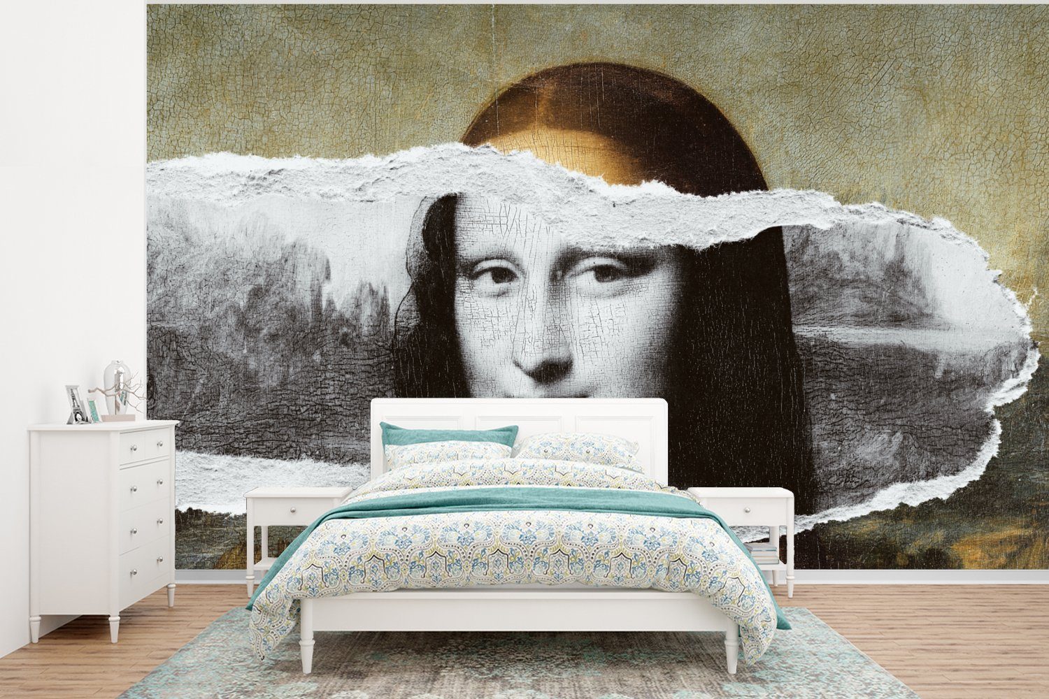 MuchoWow Fototapete Mona Lisa - Da Vinci - Schwarz - Weiß, Matt, bedruckt, (6 St), Wallpaper für Wohnzimmer, Schlafzimmer, Kinderzimmer, Vinyl Tapete