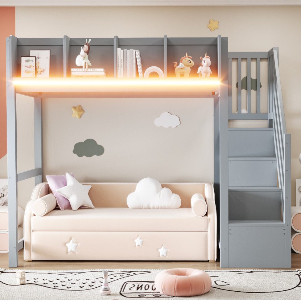 MODFU Hochbett mit Sicherheitsgeländer, integrierter Ablage und LED-Licht, Kinderbett (platzsparendes Jugendbett mit offenem Stauraum unter dem Bett, Holzbett 90x200 cm) ohne Matratze