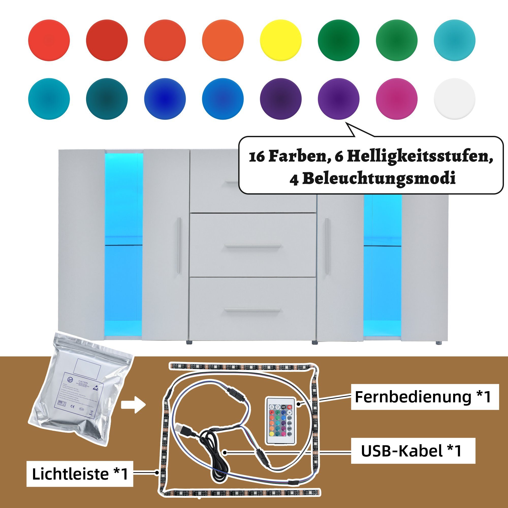 Standschrank Kommode Lagerung Farben mit TV-Schrank, für Sideboard Schrank BOTC TV-Schrank 16 LED-Leuchten Wohnzimmer Esszimmer Anrichte