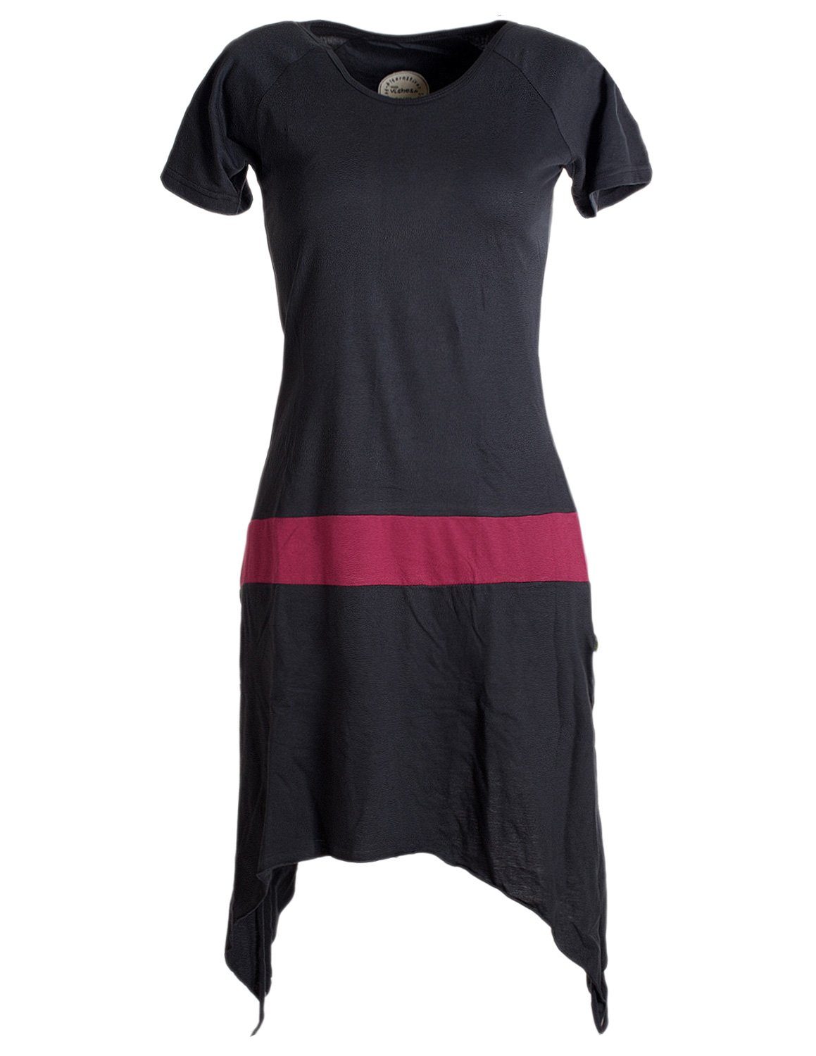 Vishes Sommerkleid Einfaches kurzärmliges Zipfelkleid aus Baumwolle Tunika, Longshirt, Hippie Style schwarz-dunkelrot
