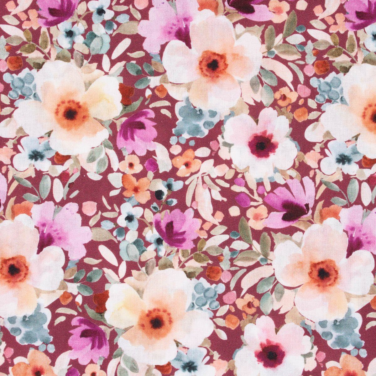 SCHÖNER LEBEN. Stoff Baumwollstoff Meterware Popeline Digitaldruck Blumen rot bunt 140cm, allergikergeeignet