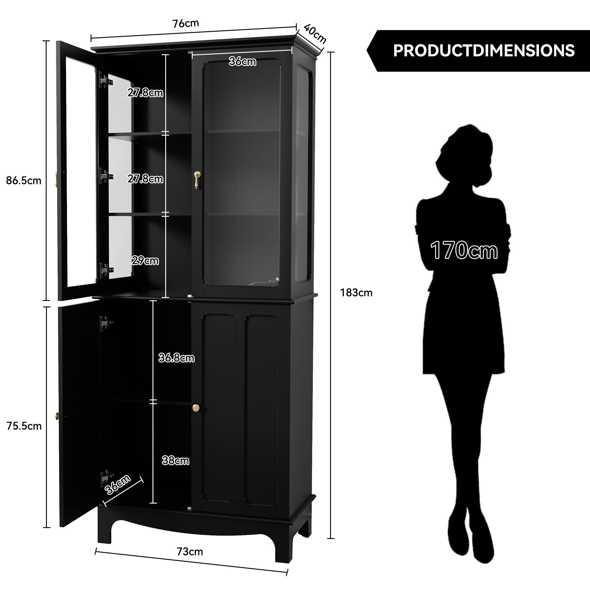 HOLTICO Hochschrank Freistehender küchenschränke mit Glastür, Glasküchenschrank, 183 cm (1-St) klassischer hoher Schrank mit Glastür und verstellbaren Regalen