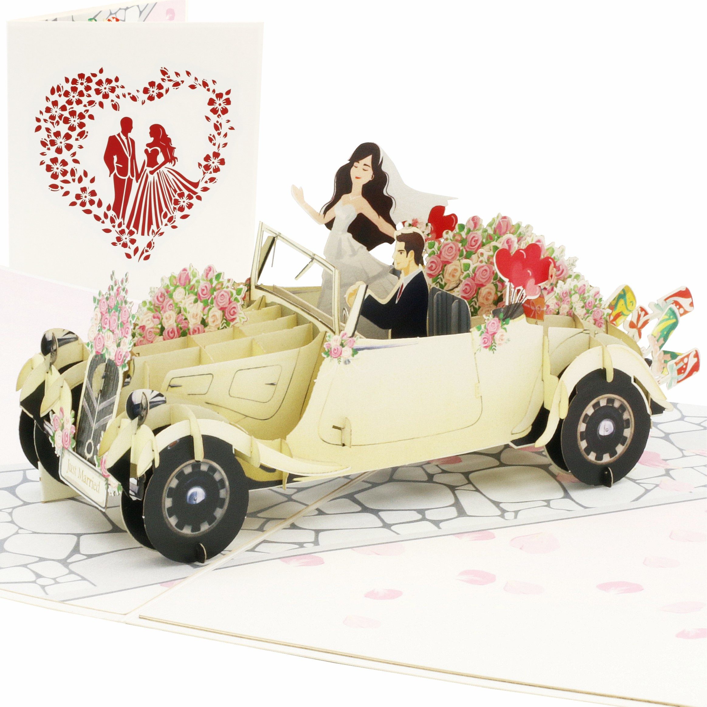 design3dkarten Hochzeitskarte Pop Up Karte Hochzeitsauto – 3D Oldtimer mit Brautpaar, mit herausnehmbarem Einleger, Umschlag und Schutzhülle