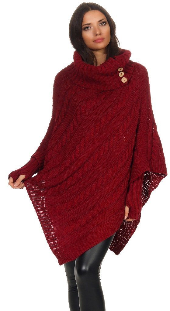 Bordo Strickponcho Mississhop Sweatshirt Strick Stulpen Überwurf Pullover Umhang mit Poncho 3012