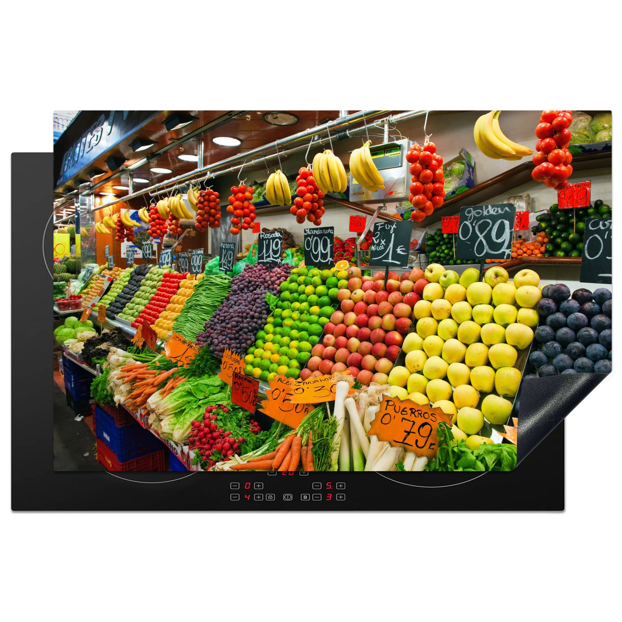 MuchoWow Herdblende-/Abdeckplatte Obst - Gemüse - Behälter - Markt, Vinyl, (1 tlg), 81x52 cm, Induktionskochfeld Schutz für die küche, Ceranfeldabdeckung