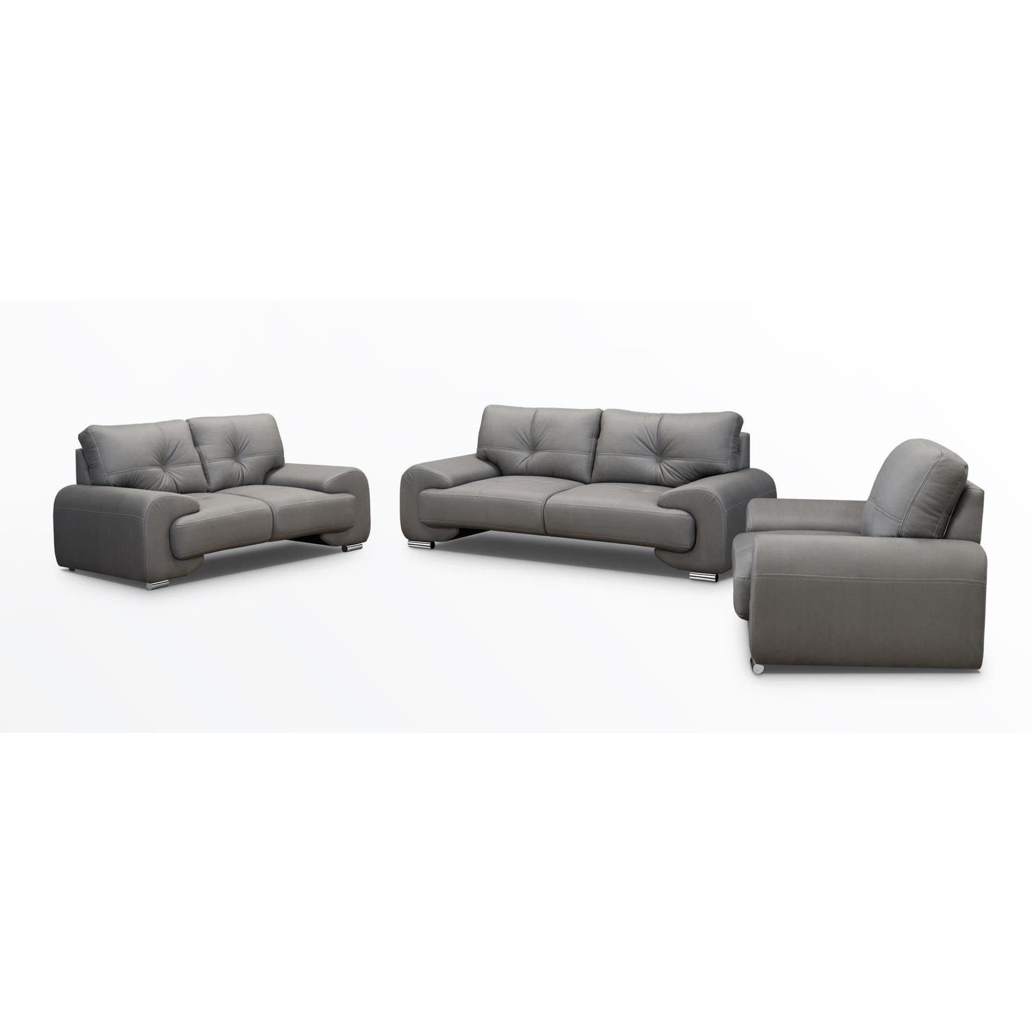 Beautysofa Polstergarnitur Maxime lux, (vega + dekorativen modernes bequemer Dreisitzer Stil), Wellenfedern, mit Sitz aus Zweisitzer im Nähten Kunstleder, mit Couchgarnitur 88) Grau + (Sessel und