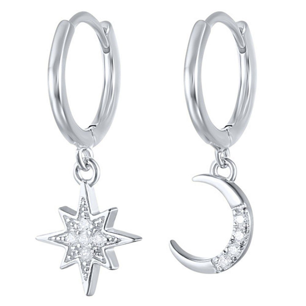 Haiaveng Ohrringe Creolen Mädchen Hängend Damen 925 Asymmetrische Silber Paar Mond Stern Ohrhänger Für Ohrringe, Klein